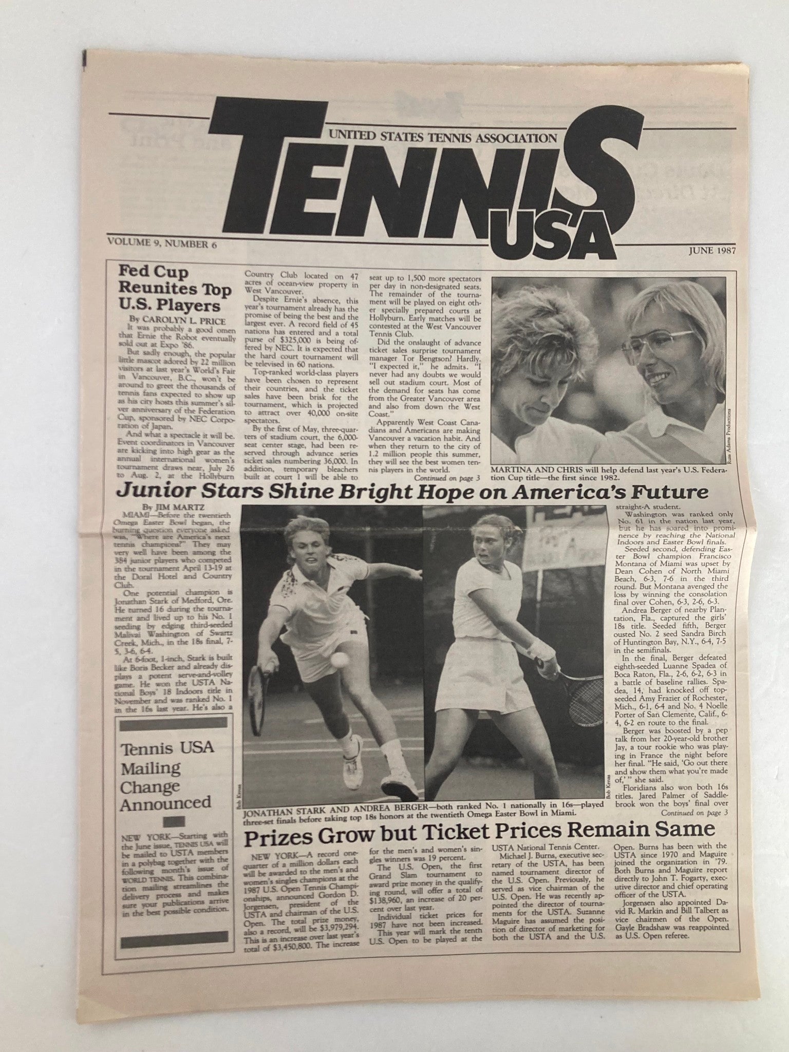 Vintage Tennis USA Magazine from June 1987 featuring Martina Navratilova and Chris Evert. The cover highlights their epic rivalry in tennis during the late 1980s, capturing a significant moment in sports history.