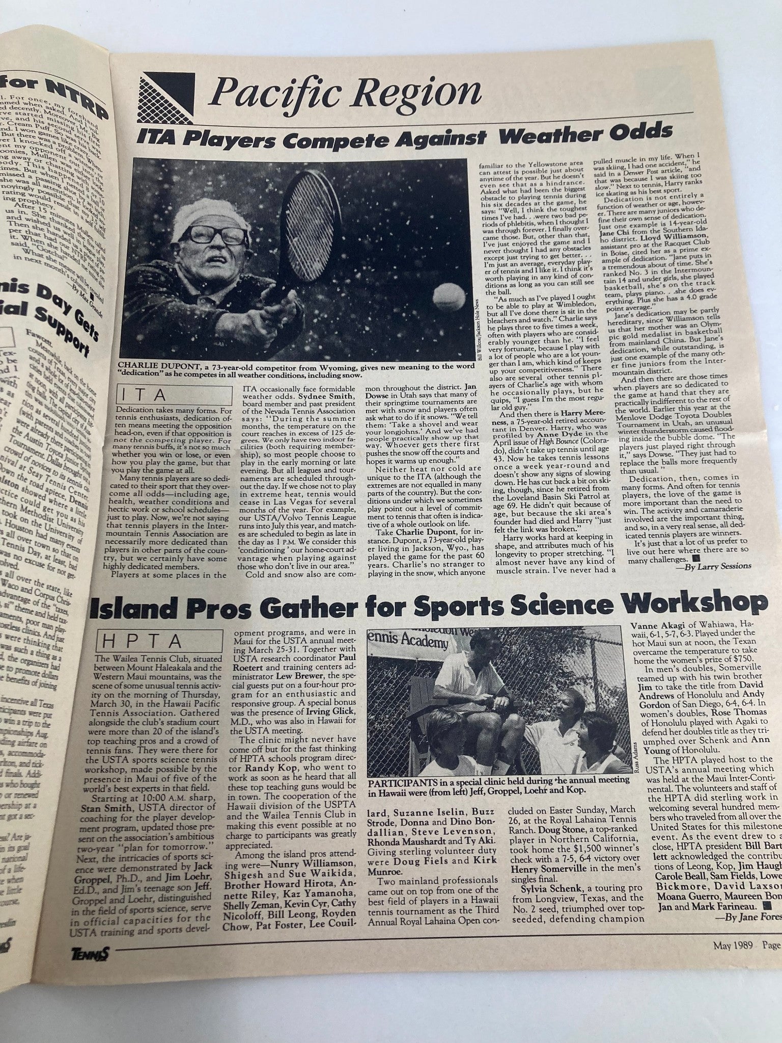 VTG Tennis USA Magazine May 1989 Vol 11 #5 page showing the 'Pacific Region' section with details on ITA players competing against weather conditions, featuring an image of a player in snow.