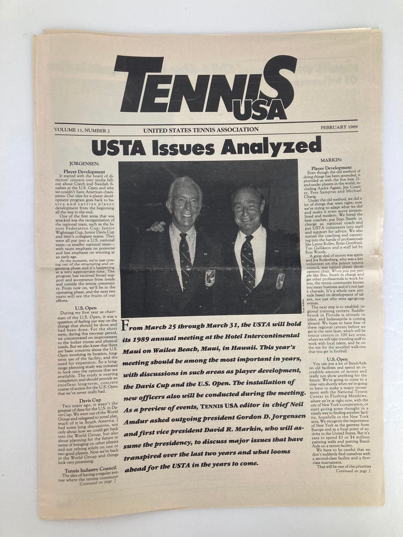 Vintage Tennis USA Magazine February 1989 Vol 11 #2 featuring USTA issues analyzed, with photographs of tennis leaders Gordon D. Jorgensen and David R. Markin discussing player development and the upcoming U.S. Open.