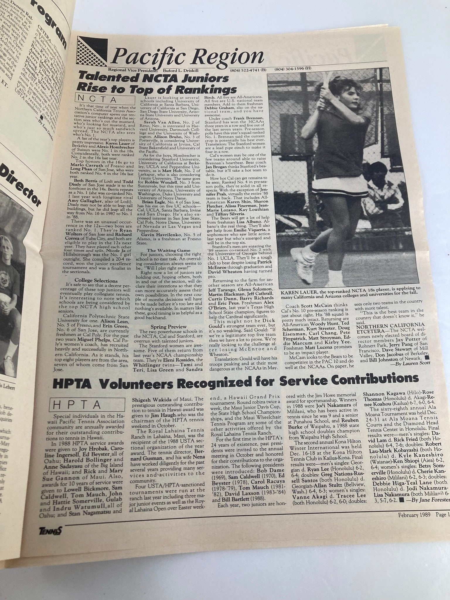 Inside page of Vintage Tennis USA Magazine February 1989 Vol 11 #2, highlighting talented NCTA juniors rising to the top of rankings and recognizing HPTA volunteers for their contributions to tennis in Hawaii.