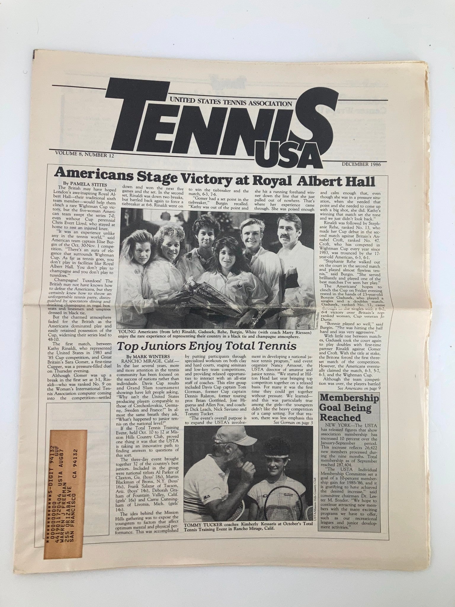 VTG Tennis USA Magazine December 1986 Vol 8 #12 Rinaldi & Gadusek Newspaper