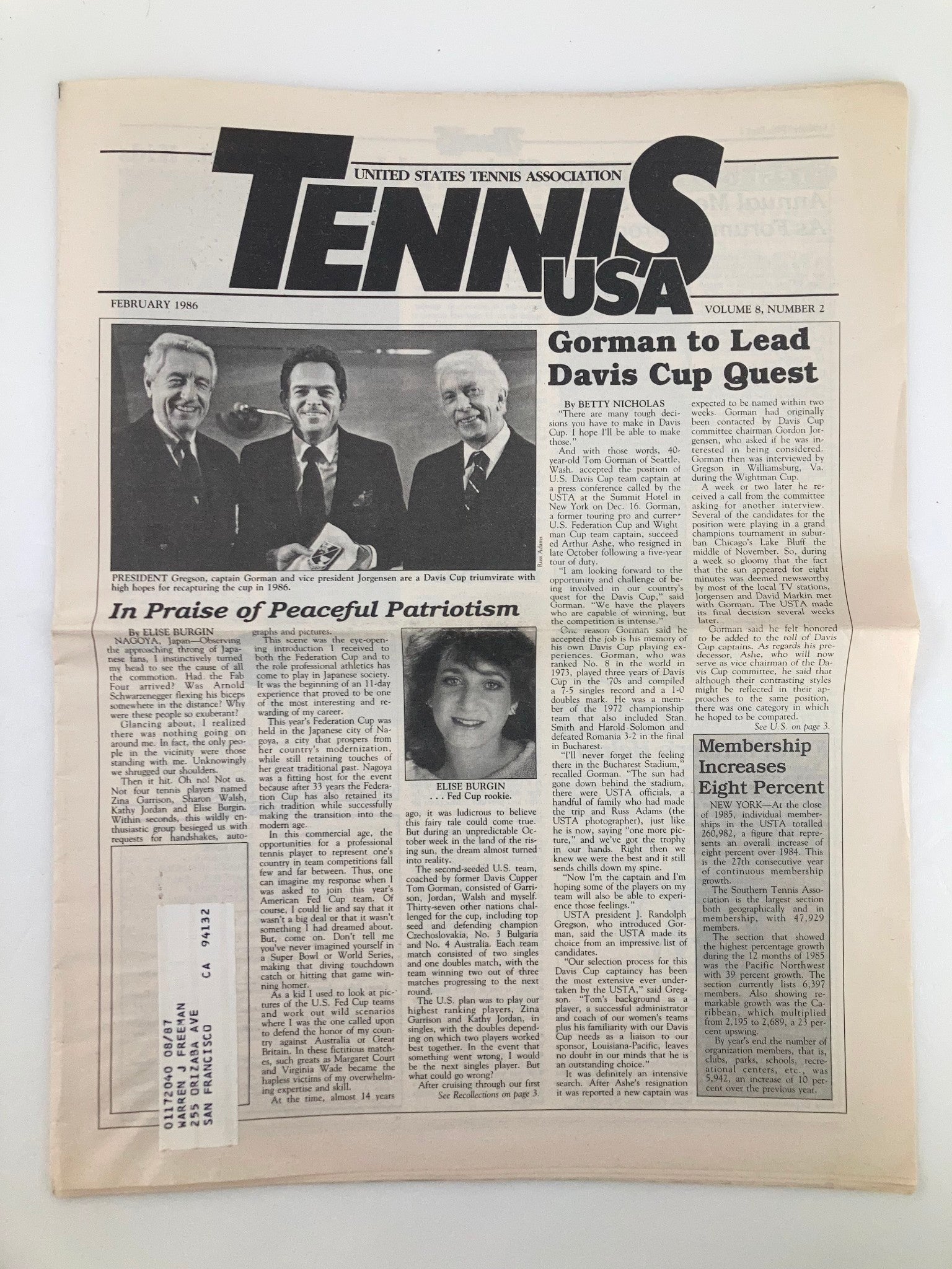 VTG Tennis USA Magazine February 1986 Vol 8 #2 Gregson & Capt. Gorman Newspaper