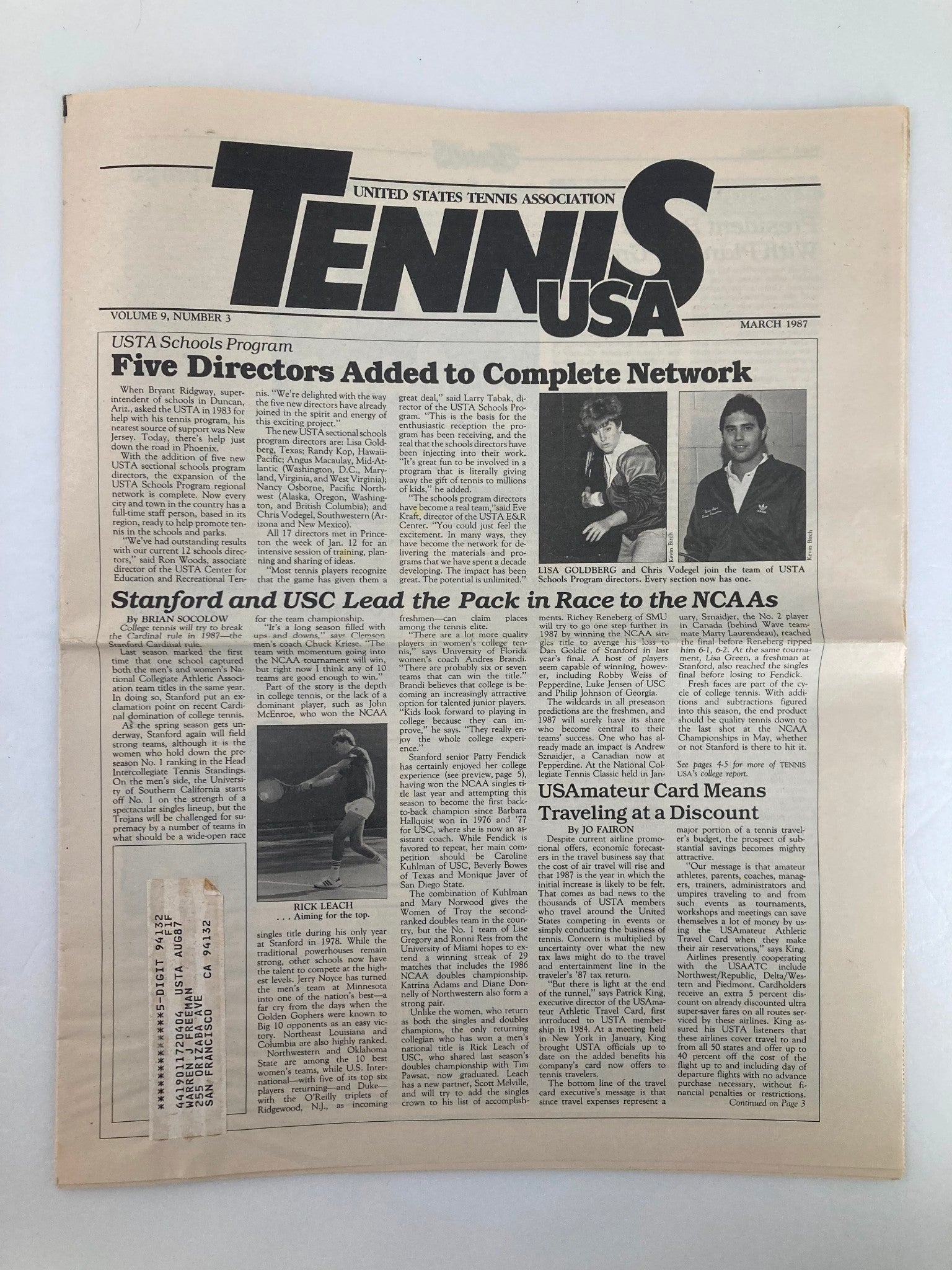 VTG Tennis USA Magazine March 1987 Vol 9 #3 Lisa Goldberg & Vodegel Newspaper