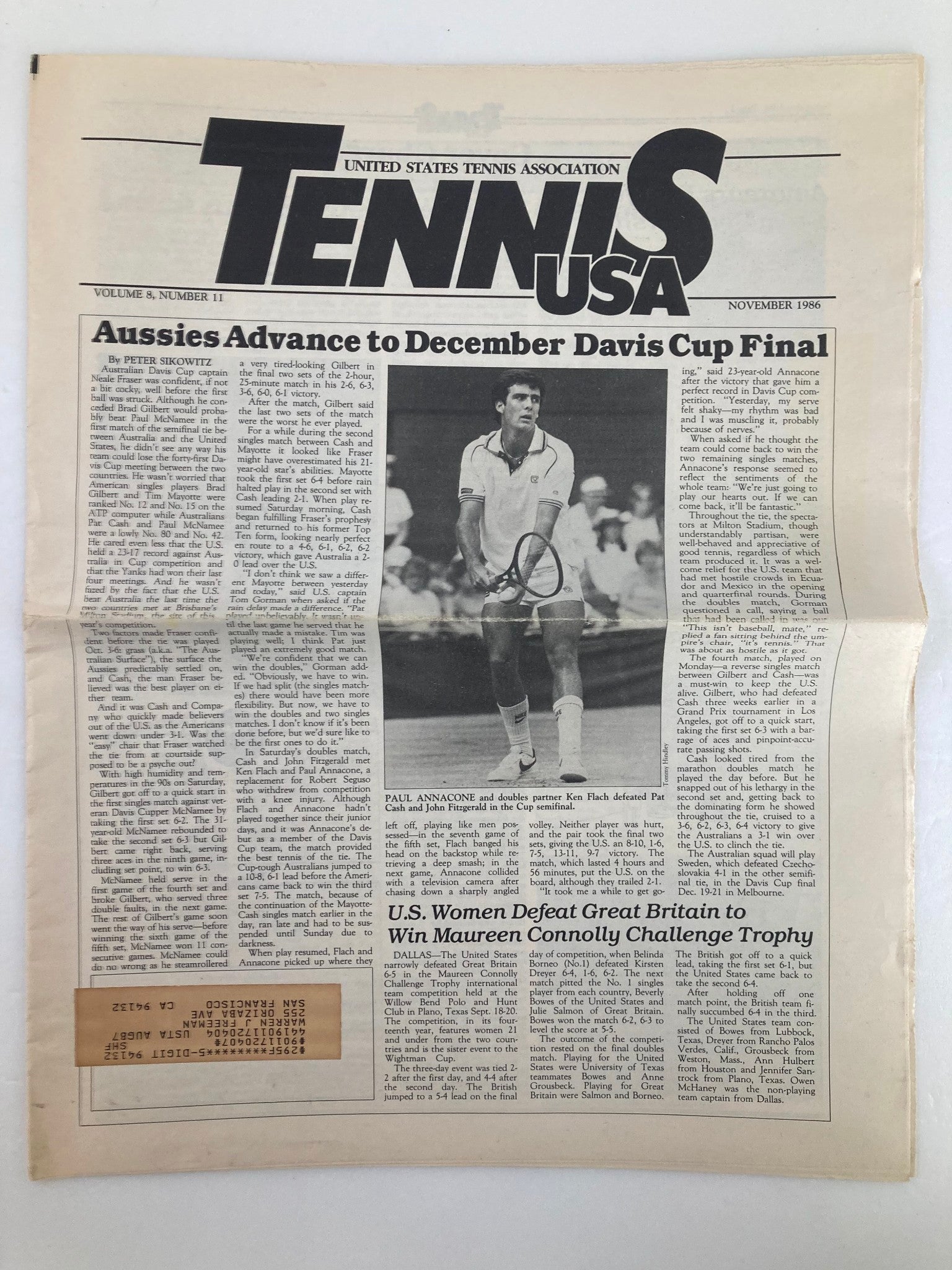 VTG Tennis USA Magazine November 1986 Vol 8 #11 Paul Annacone Newspaper