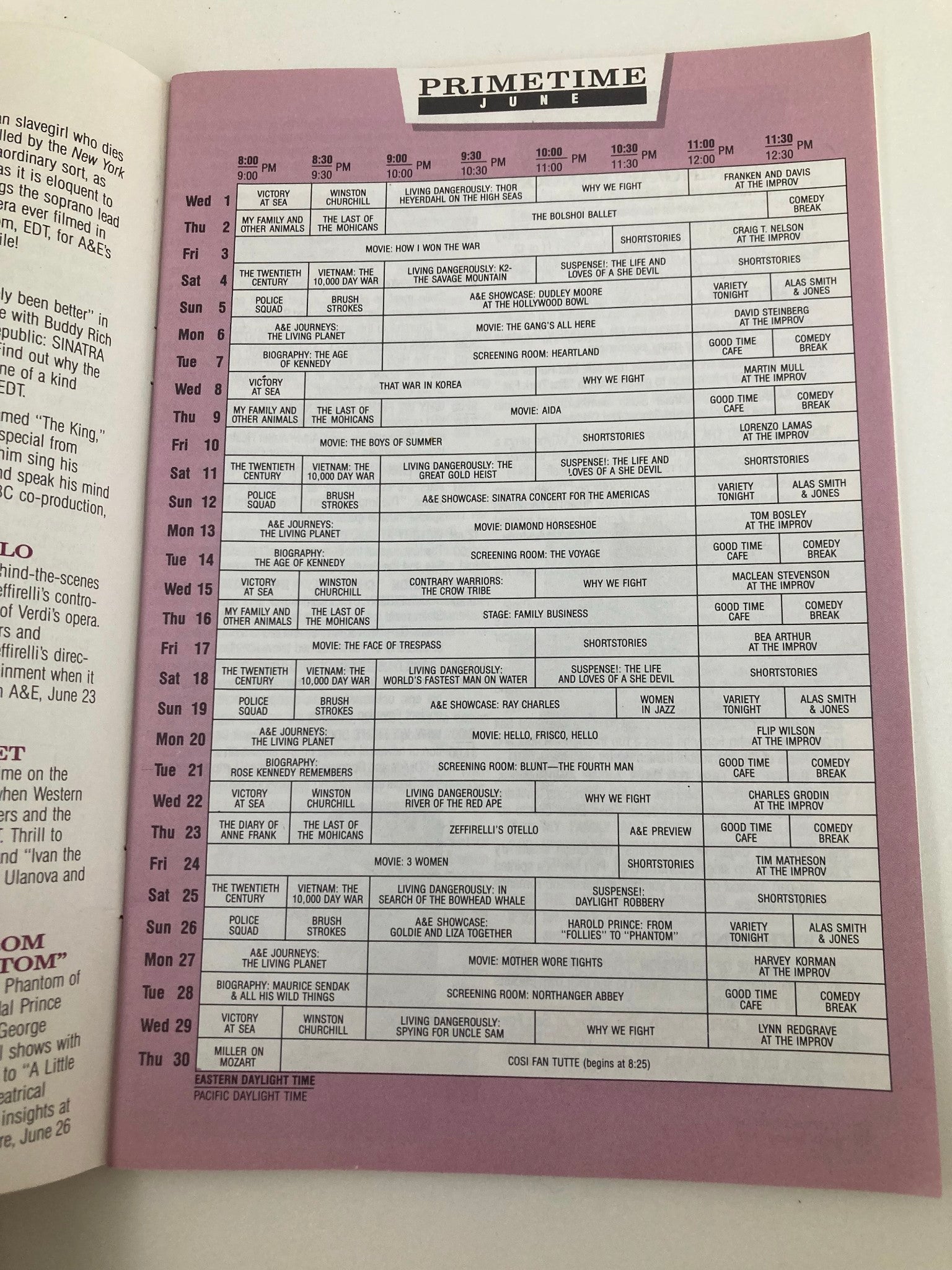 Inside of the VTG A&E Cable Network Program Guide June 1988 showing a primetime TV schedule.