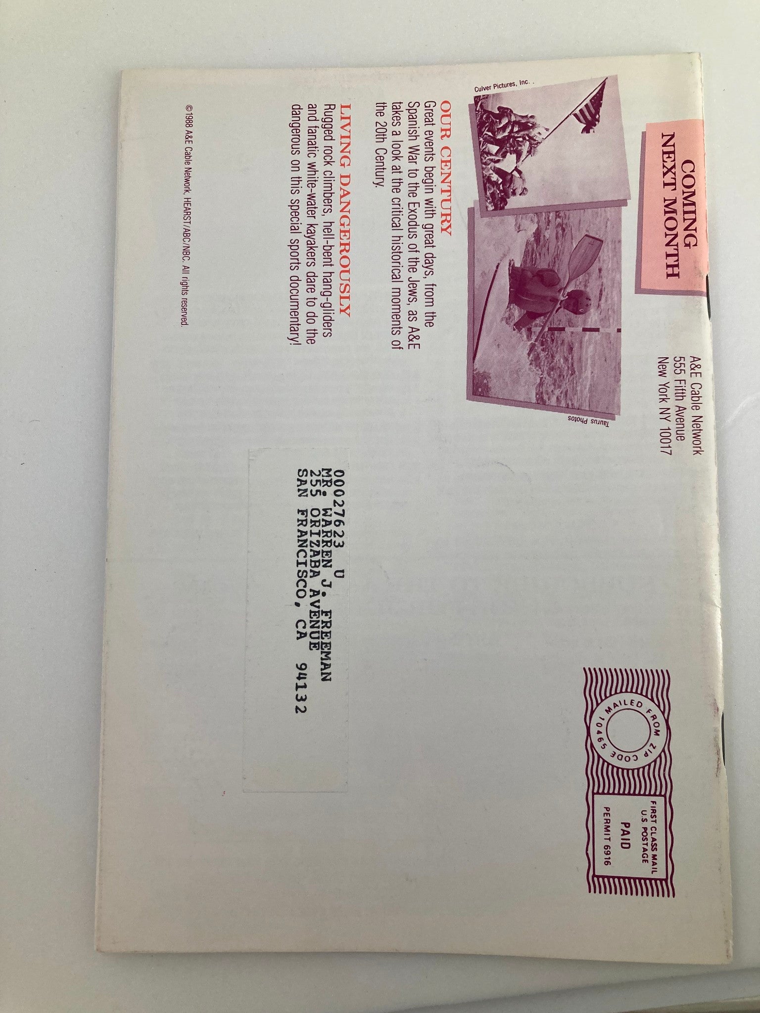 Back cover of the VTG A&E Cable Network Program Guide June 1988 with promotional content for upcoming programs and a mailing address.