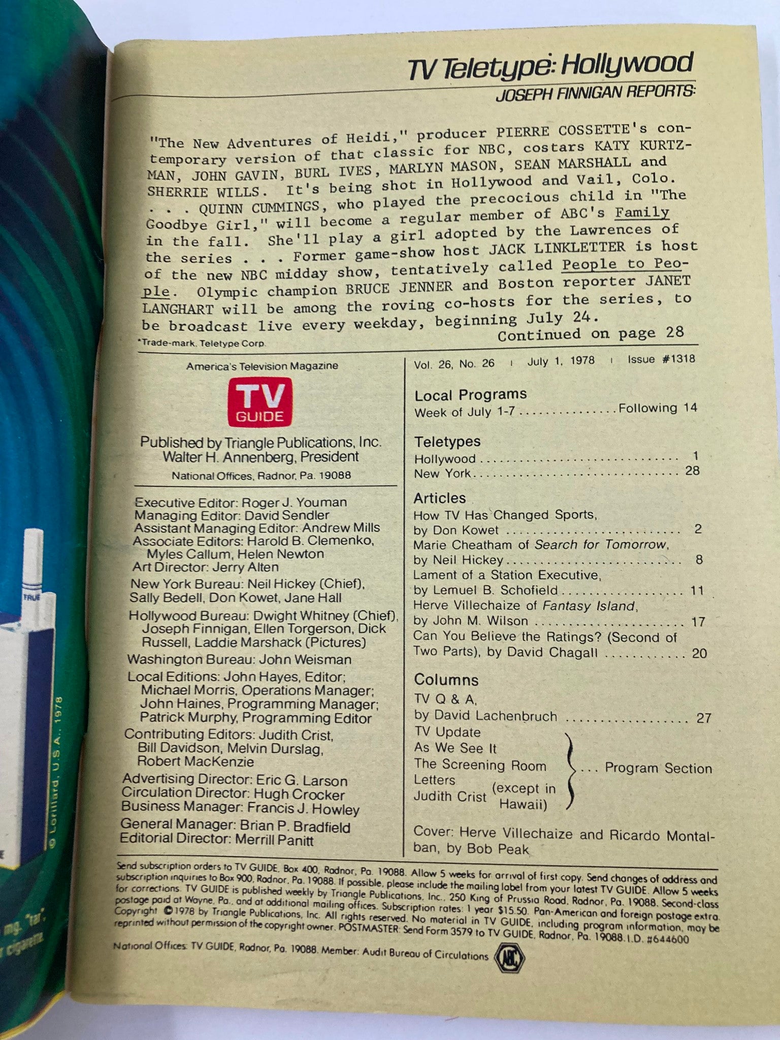 Inside page of TV Guide Magazine July 1 1978, providing information on television programming for the week, including articles and updates.