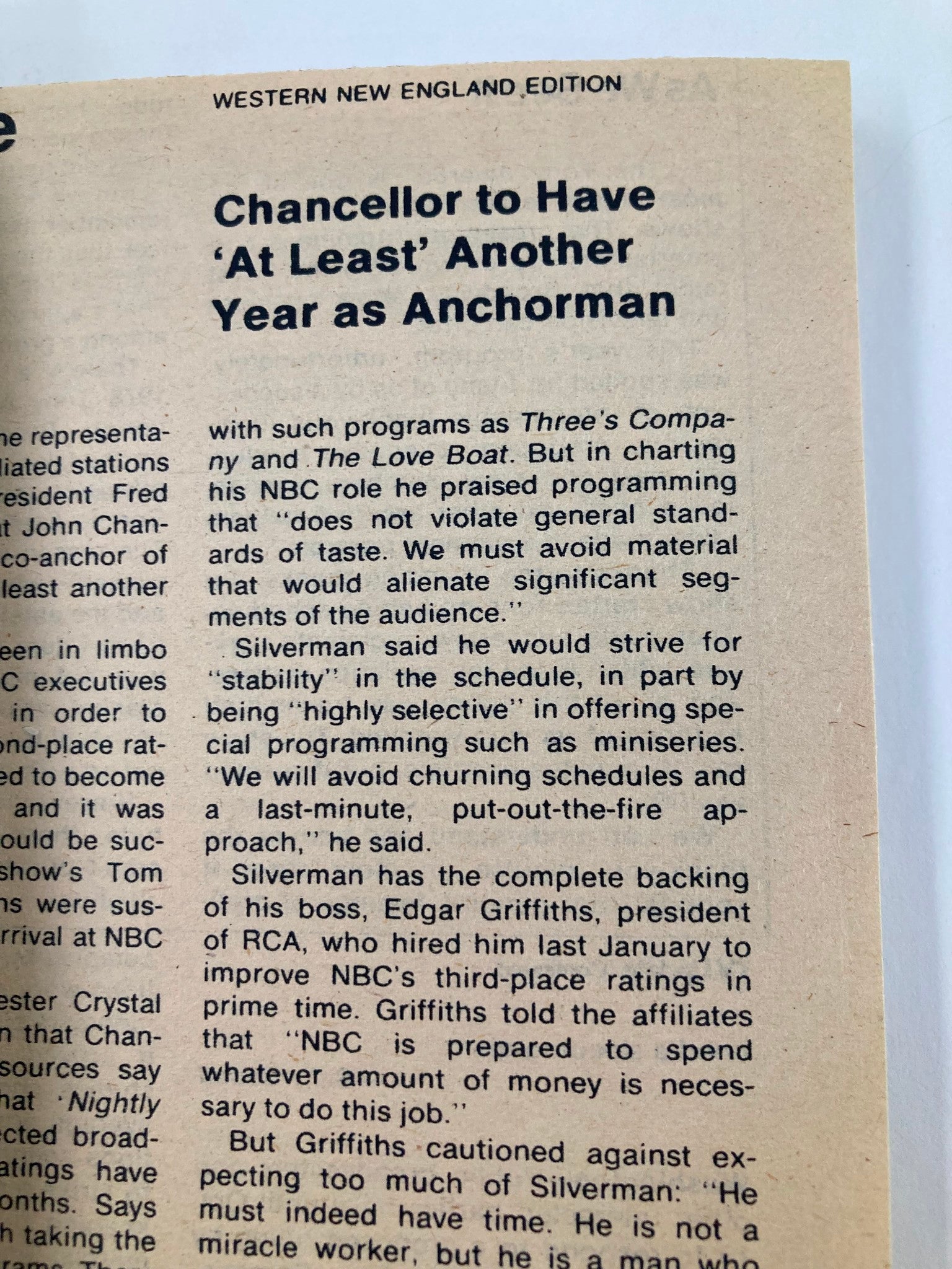Close-up of an article from TV Guide Magazine July 1 1978 discussing NBC's programming strategies and John Chancellor's role as Anchorman. Western New England Edition features insights into television trends of the late 1970s.