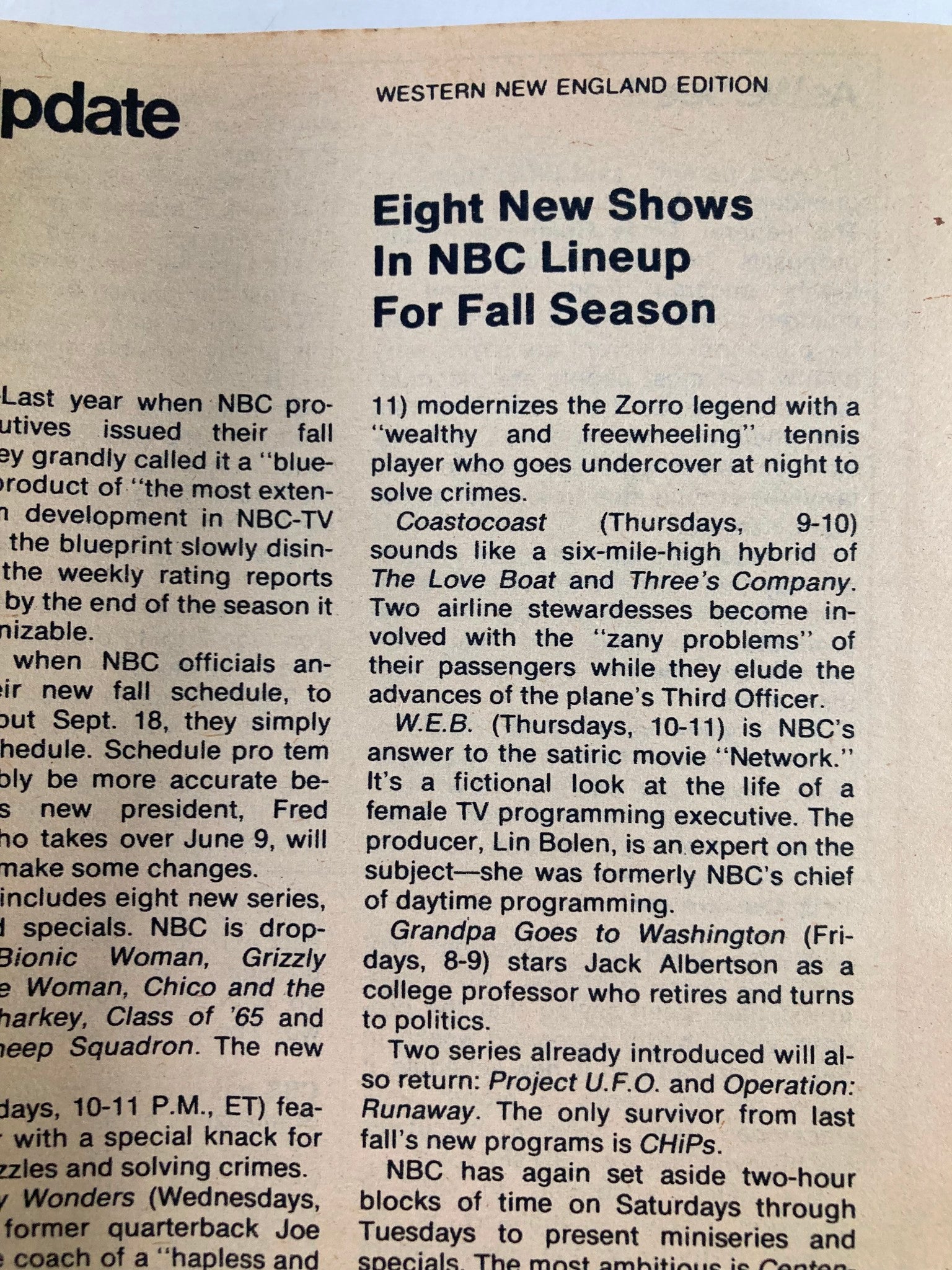 Article excerpt from TV Guide Magazine May 27 1978 Issue #1313 discussing new shows in NBC's lineup for the upcoming fall season.