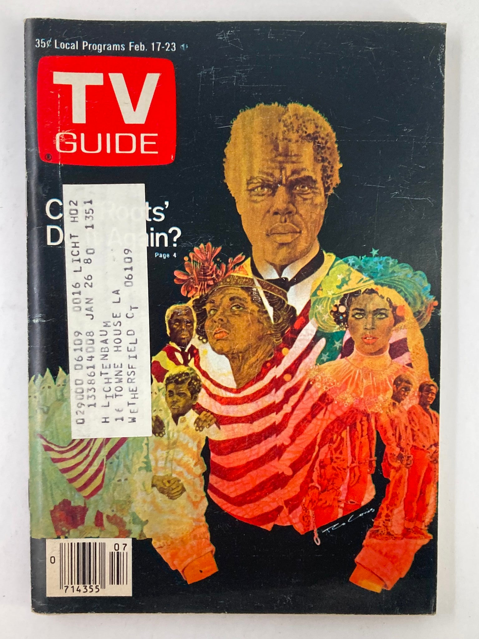 TV Guide Magazine February 17 1979 cover featuring the headline 'Roots Do It Again', showcasing vibrant illustrations related to the miniseries 'Roots', Western New England Edition.