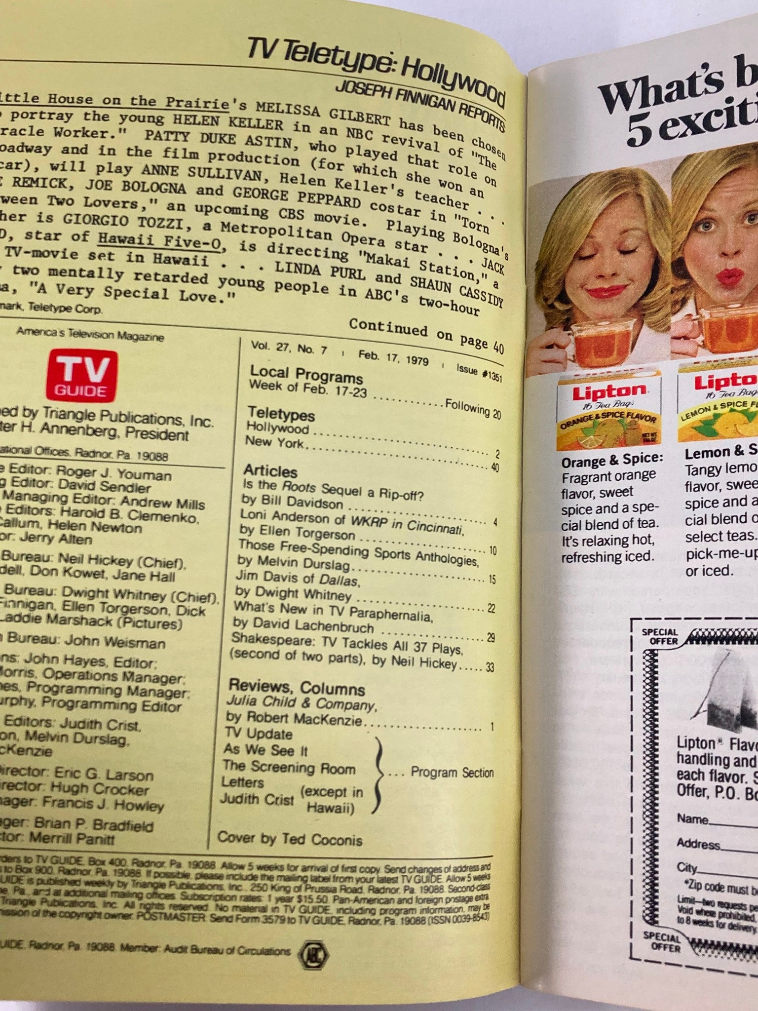 Interior page of TV Guide Magazine February 17 1979, highlighting television programming and news, with a focus on Hollywood updates and upcoming shows.