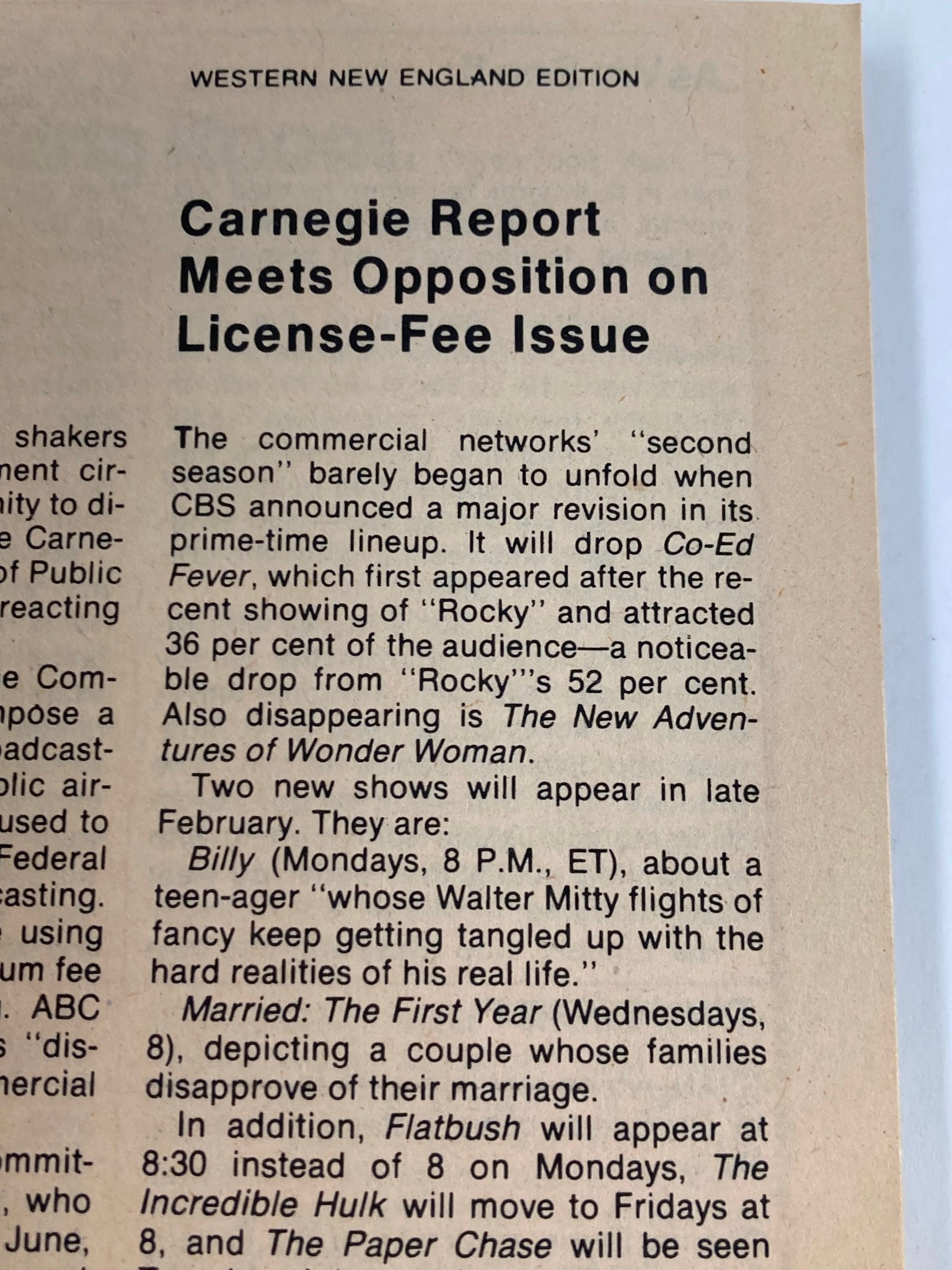 Another interior page of TV Guide Magazine February 17 1979, reporting on the Western New England Edition's coverage of television networks and programming changes.
