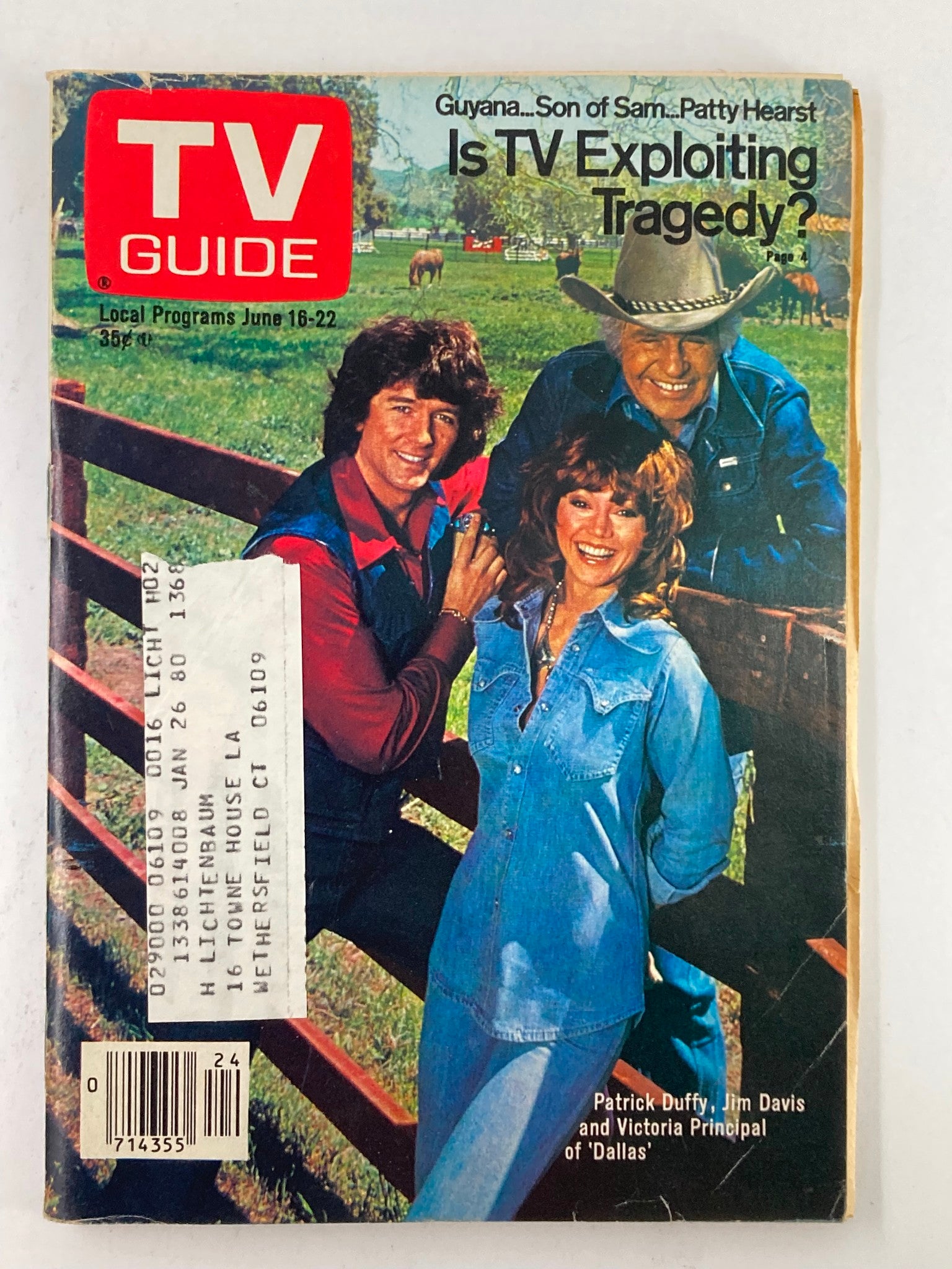 TV Guide Magazine June 16 1979 #1368 featuring Patrick Duffy, Jim Davis, and Victoria Principal from 'Dallas', showcasing a vintage cover with a rustic backdrop.