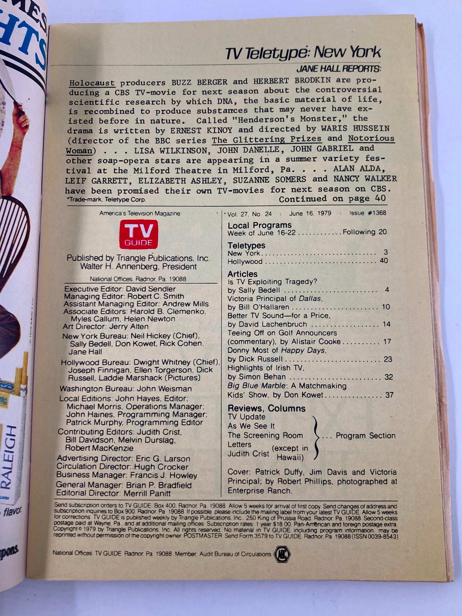 Inside page of TV Guide Magazine June 16 1979 issue #1368 featuring TV Teletype New York reports, highlighting the show 'Henderson's Monster' and various soap-opera stars. Perfect for collectors of classic television memorabilia.