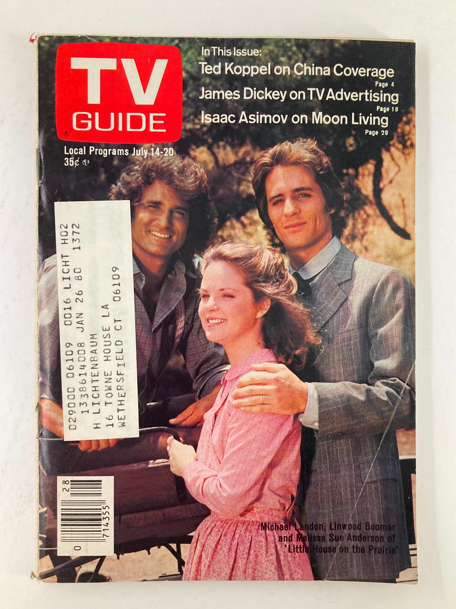 Cover of TV Guide Magazine from July 14, 1979 featuring Michael Landon, Linwood Boomer, and Melissa Sue Anderson, showcasing the charm of 1970s television in the Western New England Edition.