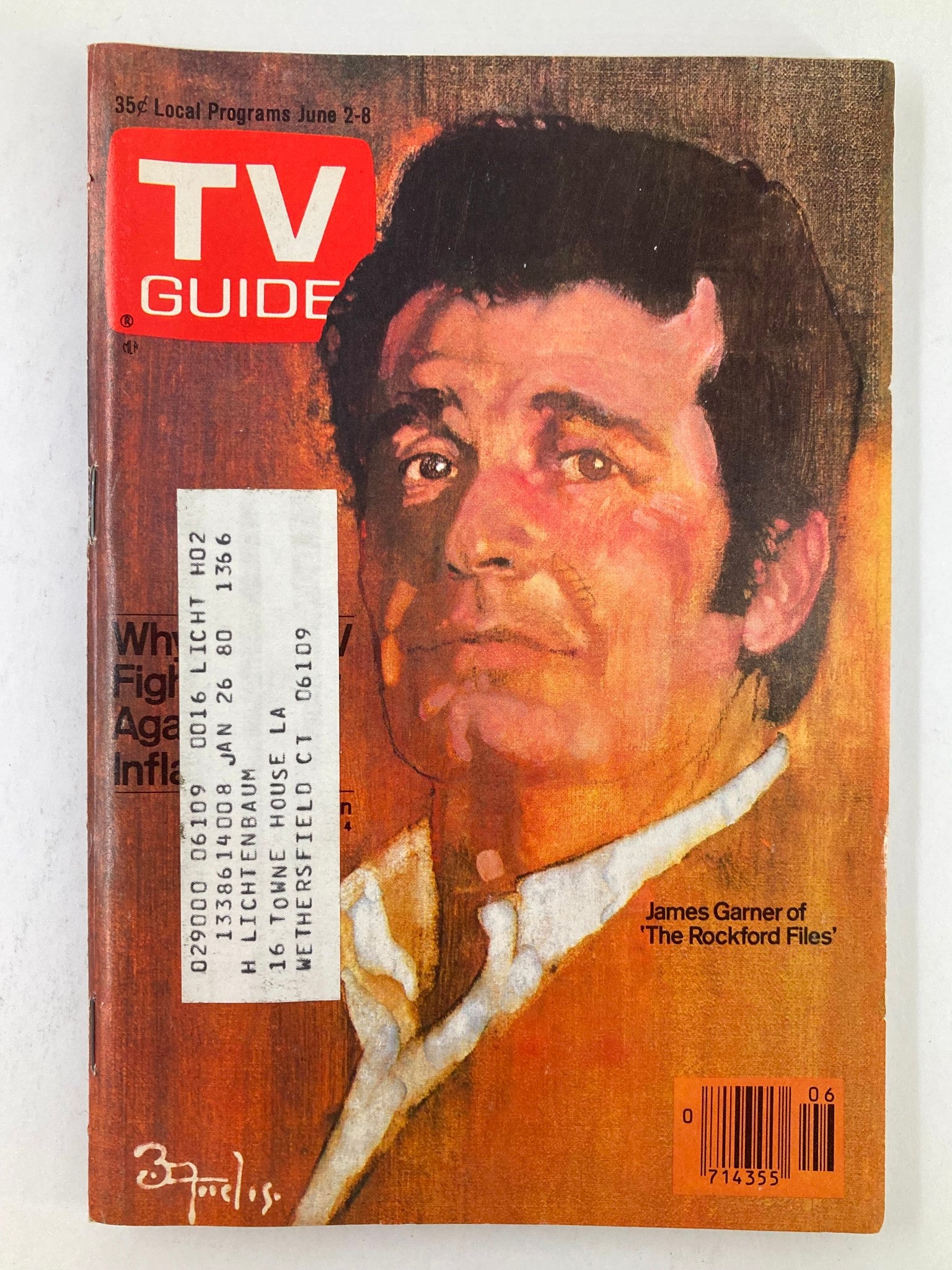 Cover of TV Guide Magazine June 2 1979 featuring James Garner from 'The Rockford Files', showcasing vintage TV aesthetics and an address label.