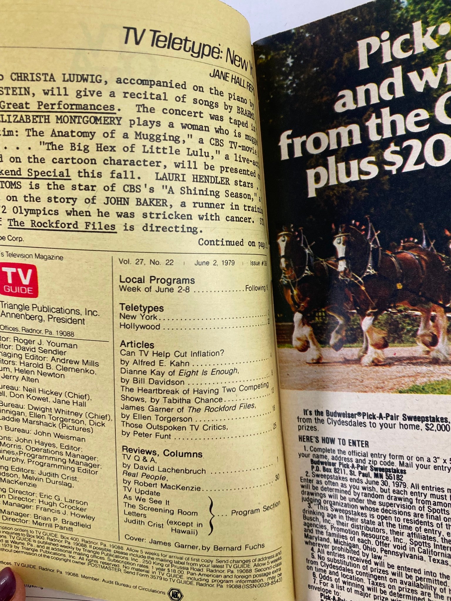 Inside pages of TV Guide Magazine June 2 1979 showcasing articles and program listings, highlighting James Garner and cultural television trends.