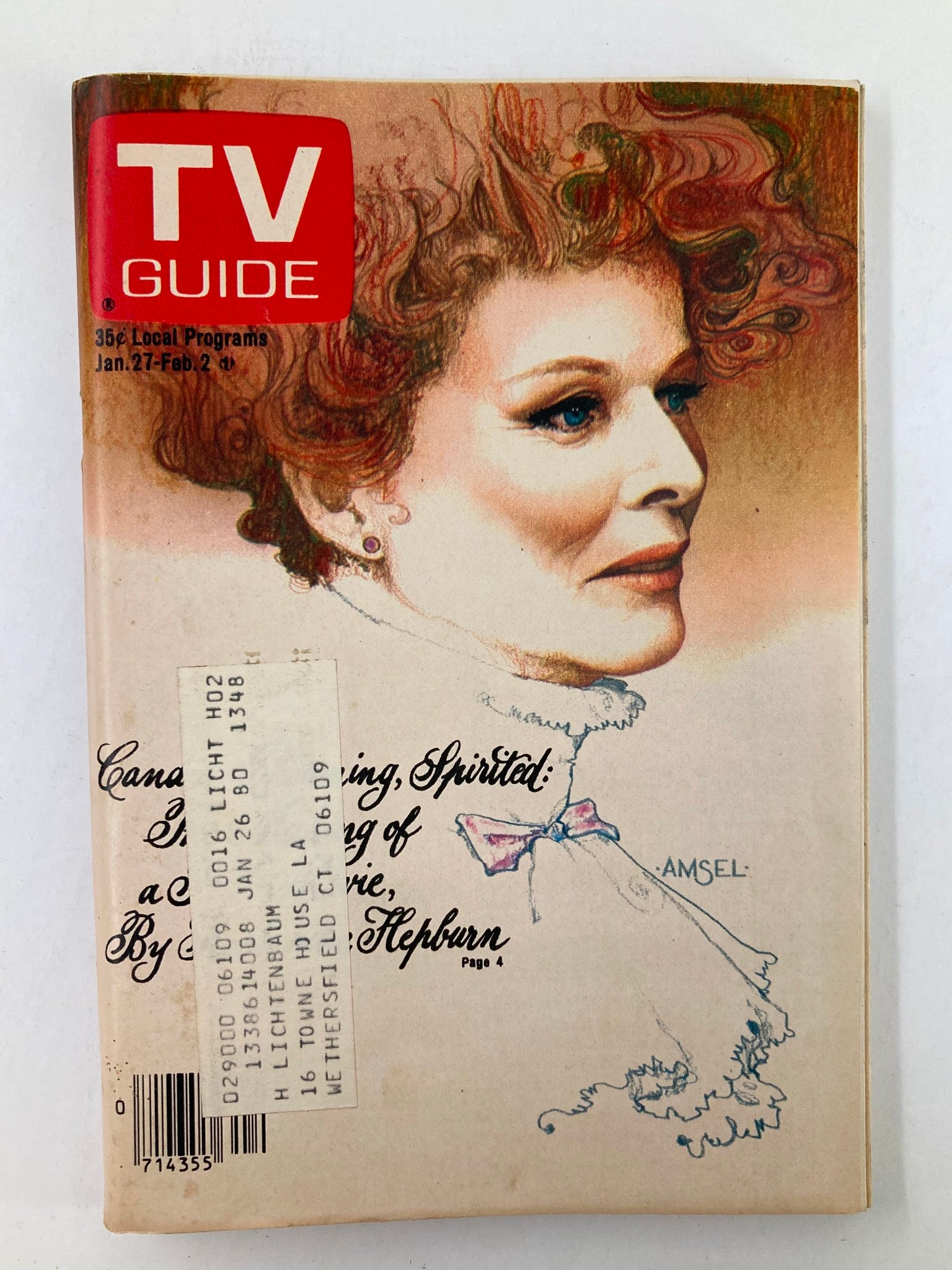 TV Guide Magazine January 27 1979 featuring an illustration of Katharine Hepburn on the cover, showcasing the vintage charm of the late 1970s American entertainment scene. This collectible magazine highlights television programming and cultural trends from that era.