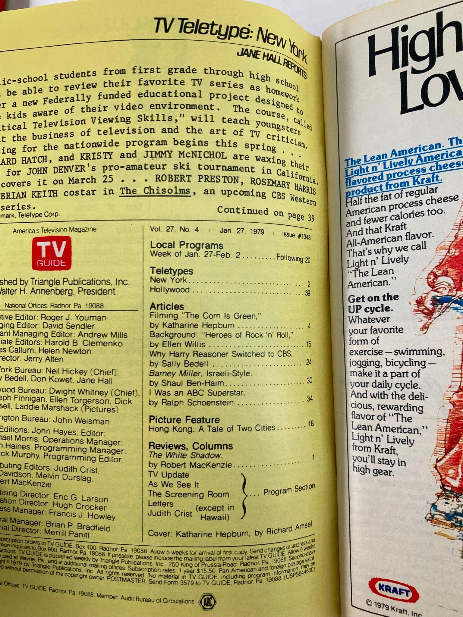 TV Guide Magazine January 27 1979 featuring Katharine Hepburn with a detailed view of the publication's TV Teletype section, showcasing television programming and editorial content from the late 1970s.