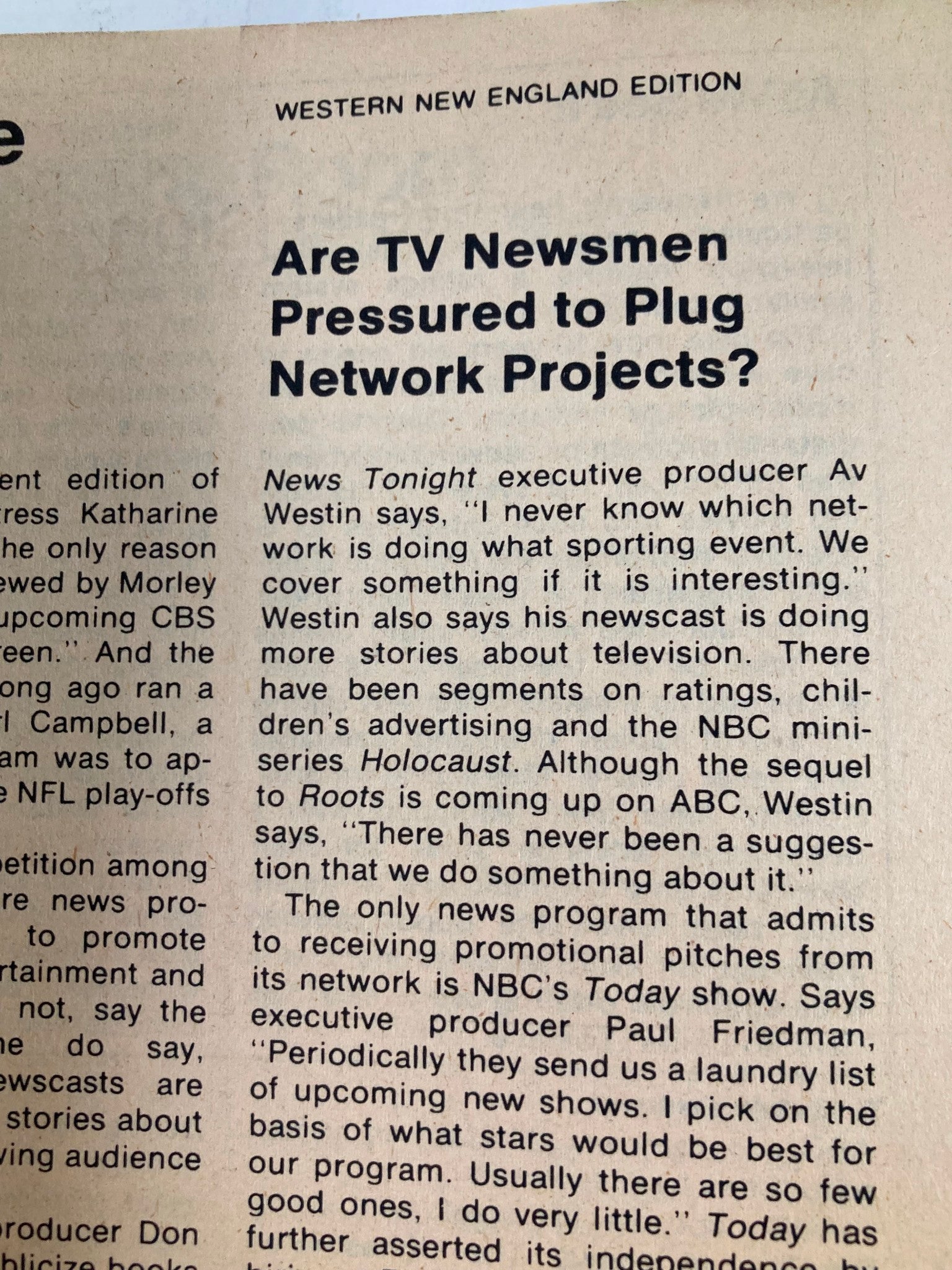 Inside page of TV Guide Magazine January 27 1979 Western New England Edition discussing the pressures on TV newsmen to promote network projects, reflecting the media landscape of the era.