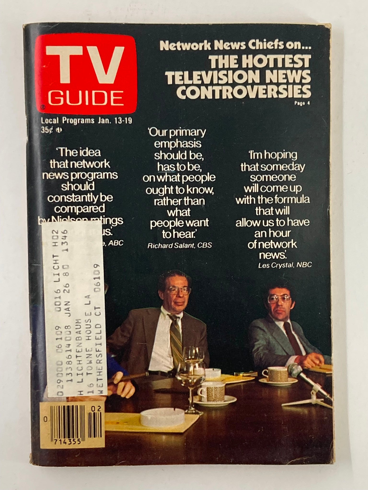 TV Guide Magazine cover from January 13, 1979, featuring insights from prominent network news chiefs and highlighting the hottest television news controversies. Collectible vintage magazine showcasing the late 1970s television landscape.