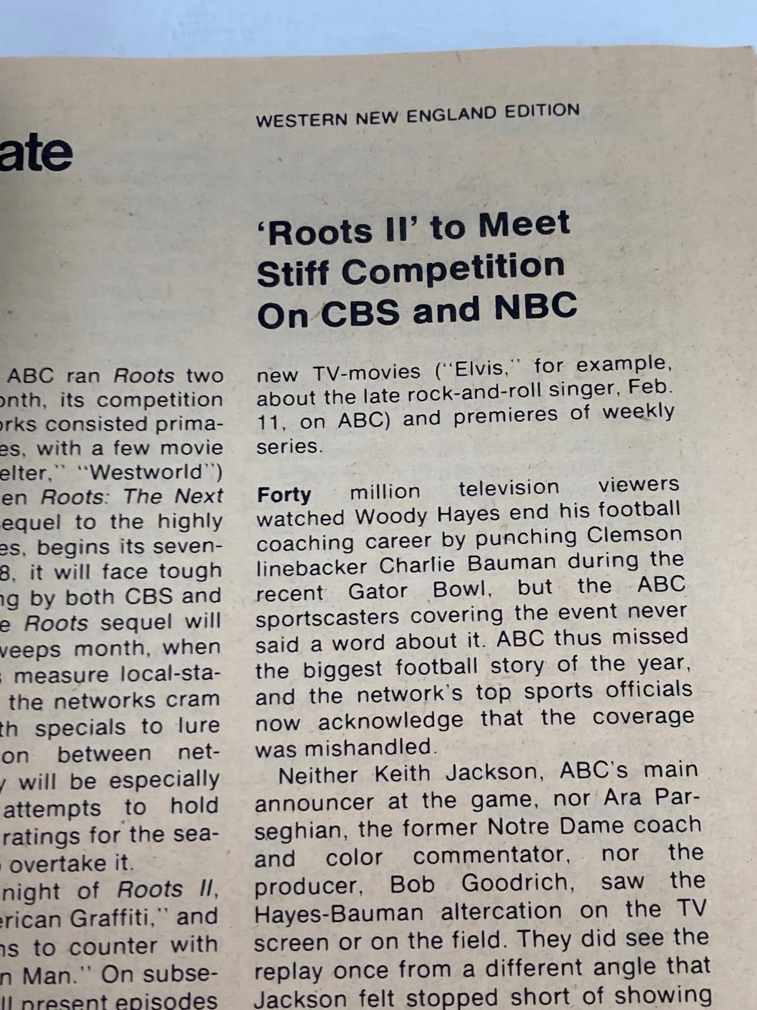 Western New England Edition of TV Guide Magazine January 13 1979, showcasing an article about the competition between CBS and NBC for viewership regarding 'Roots II,' reflecting the television trends of the era.