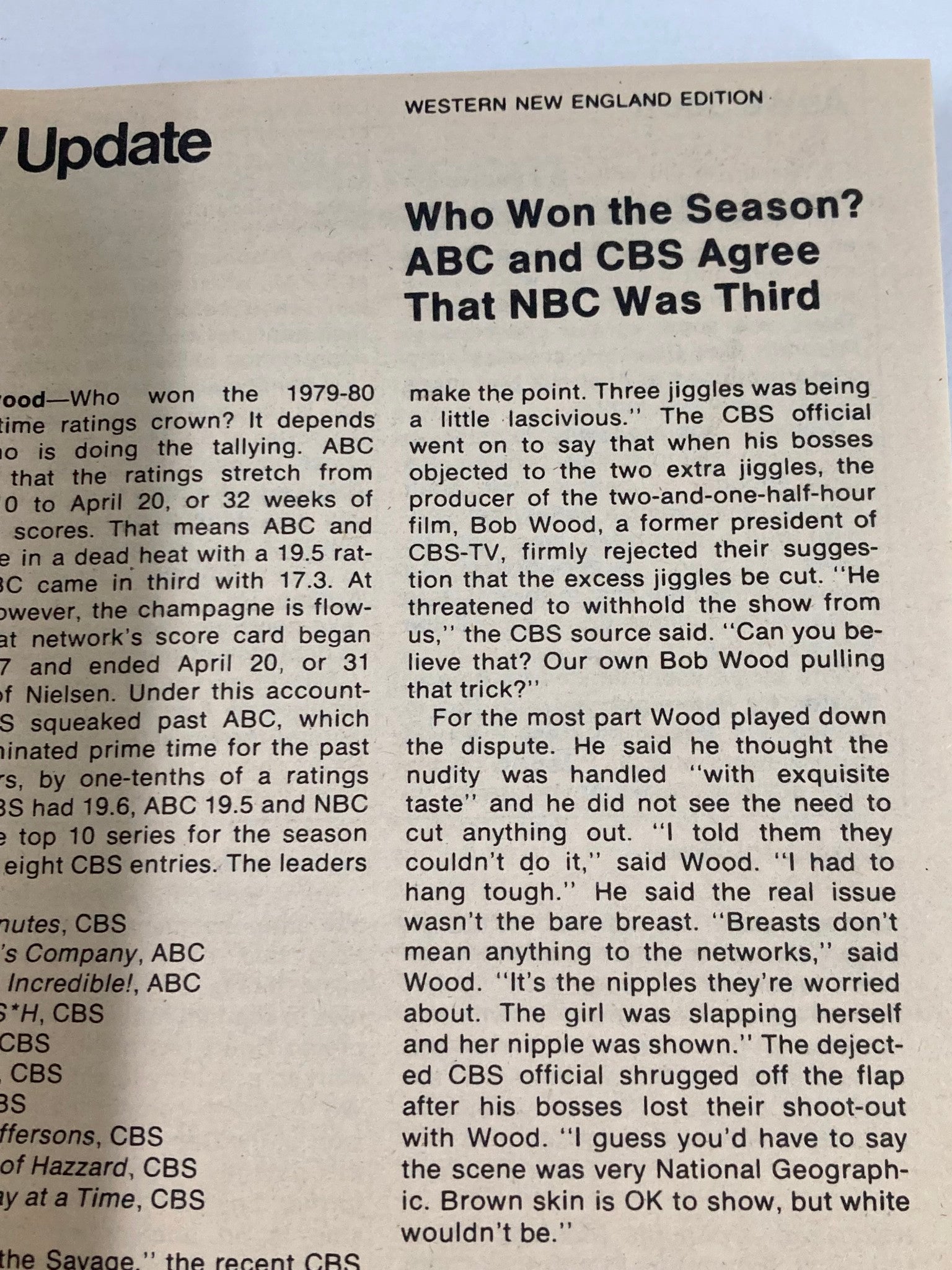 Western New England Edition section of TV Guide Magazine May 3 1980, discussing TV ratings and a comparison of ABC, CBS, and NBC performances during the 1979-80 season.