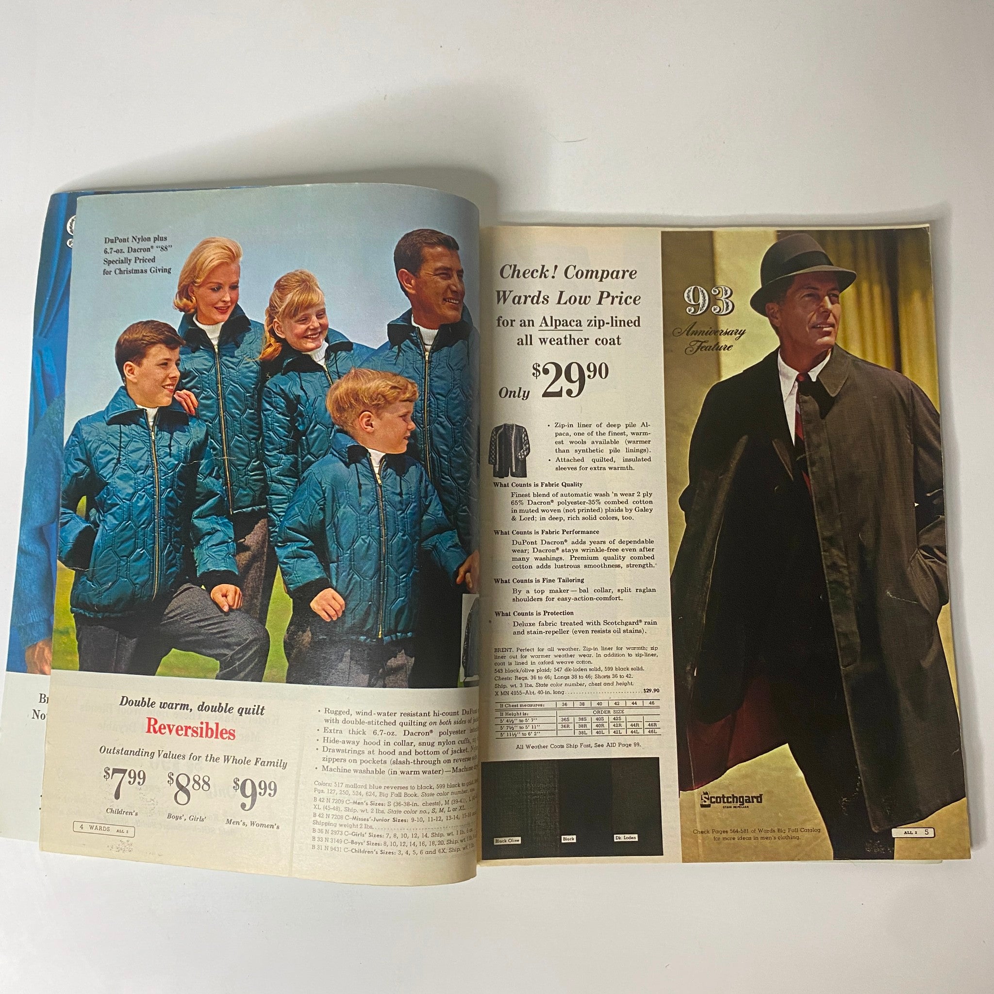 Interior pages of the 1965 Montgomery Ward 93rd Anniversary Sale Catalog showcasing a family in reversible jackets with pricing details for all-weather coats.