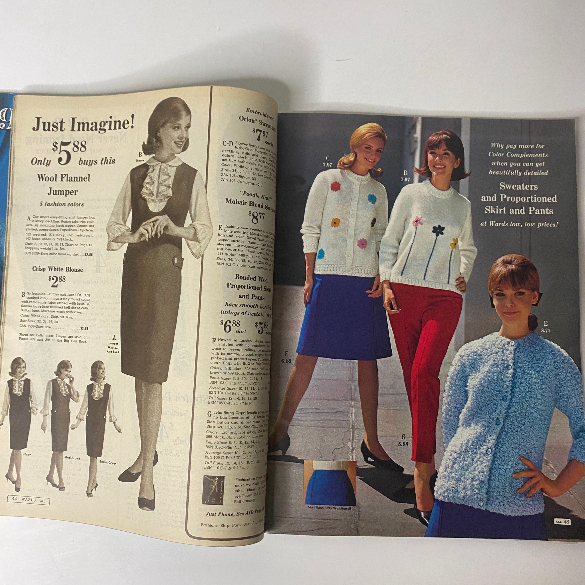 Sample pages from the 1965 Montgomery Ward 93rd Anniversary Sale Catalog displaying women's fashion including sweaters and skirts with corresponding prices.