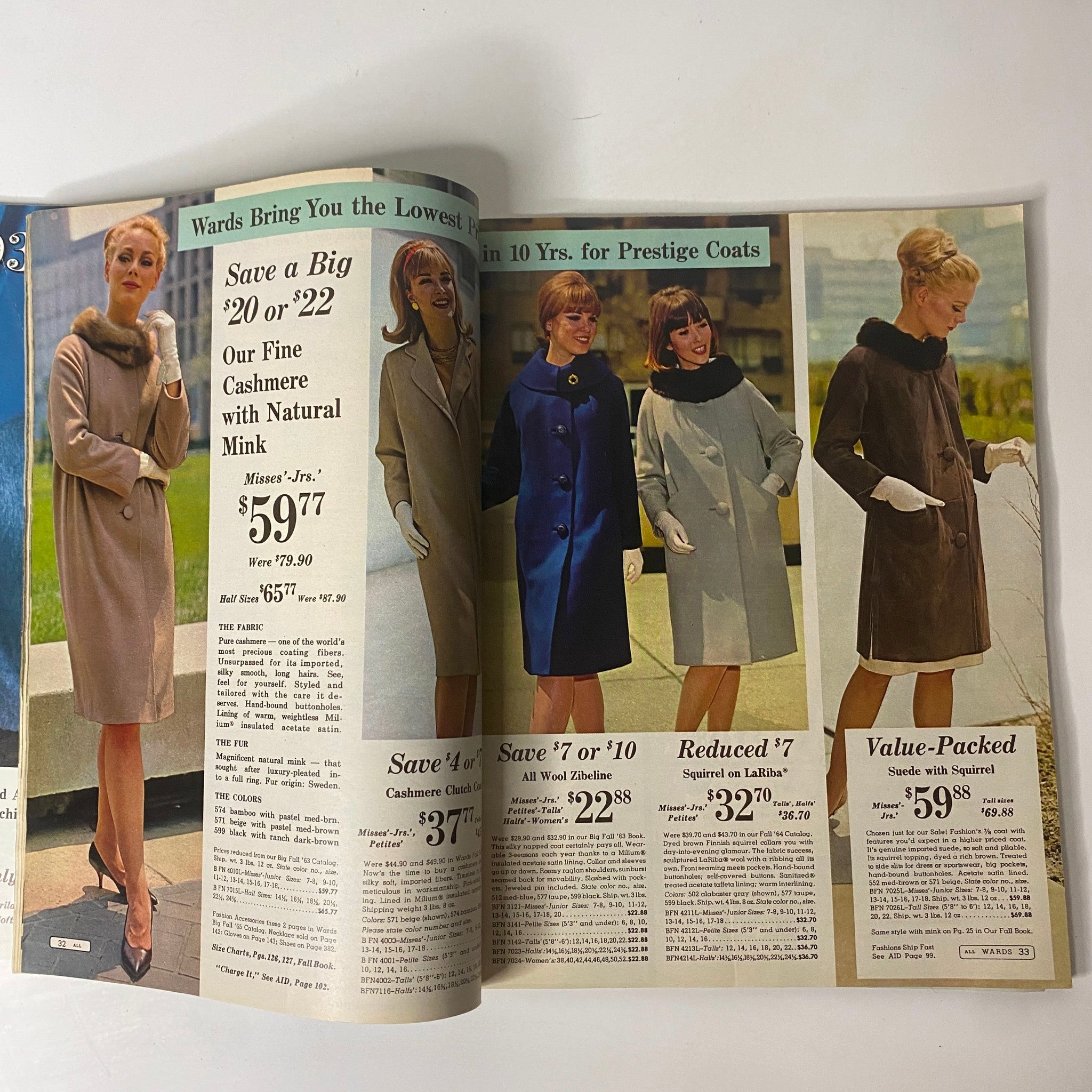 Additional sample pages from the 1965 Montgomery Ward 93rd Anniversary Sale Catalog featuring elegant cashmere coats and pricing information.