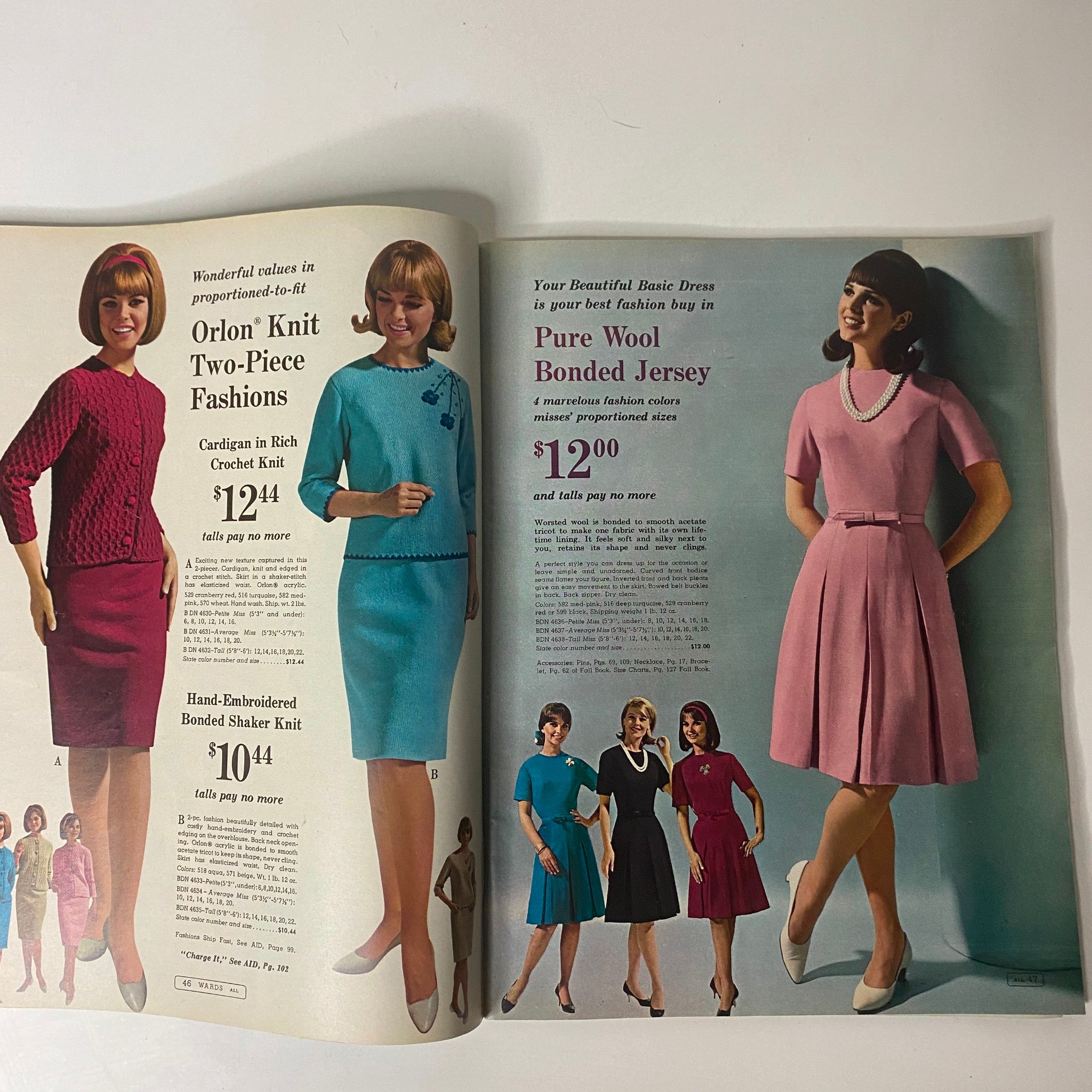 1965 Montgomery Ward 93rd Anniversary Sale Catalog showcasing women's fashion including Orlon Knit Two-Piece Fashions and Pure Wool Bonded Jersey dresses.