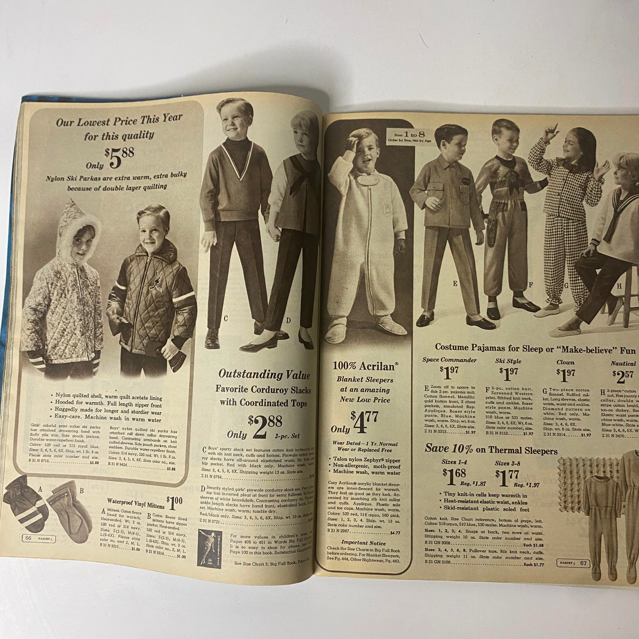 1965 Montgomery Ward 93rd Anniversary Sale Catalog highlighting children's winter clothing offers, featuring nylon ski parkas and cotton sleepwear.