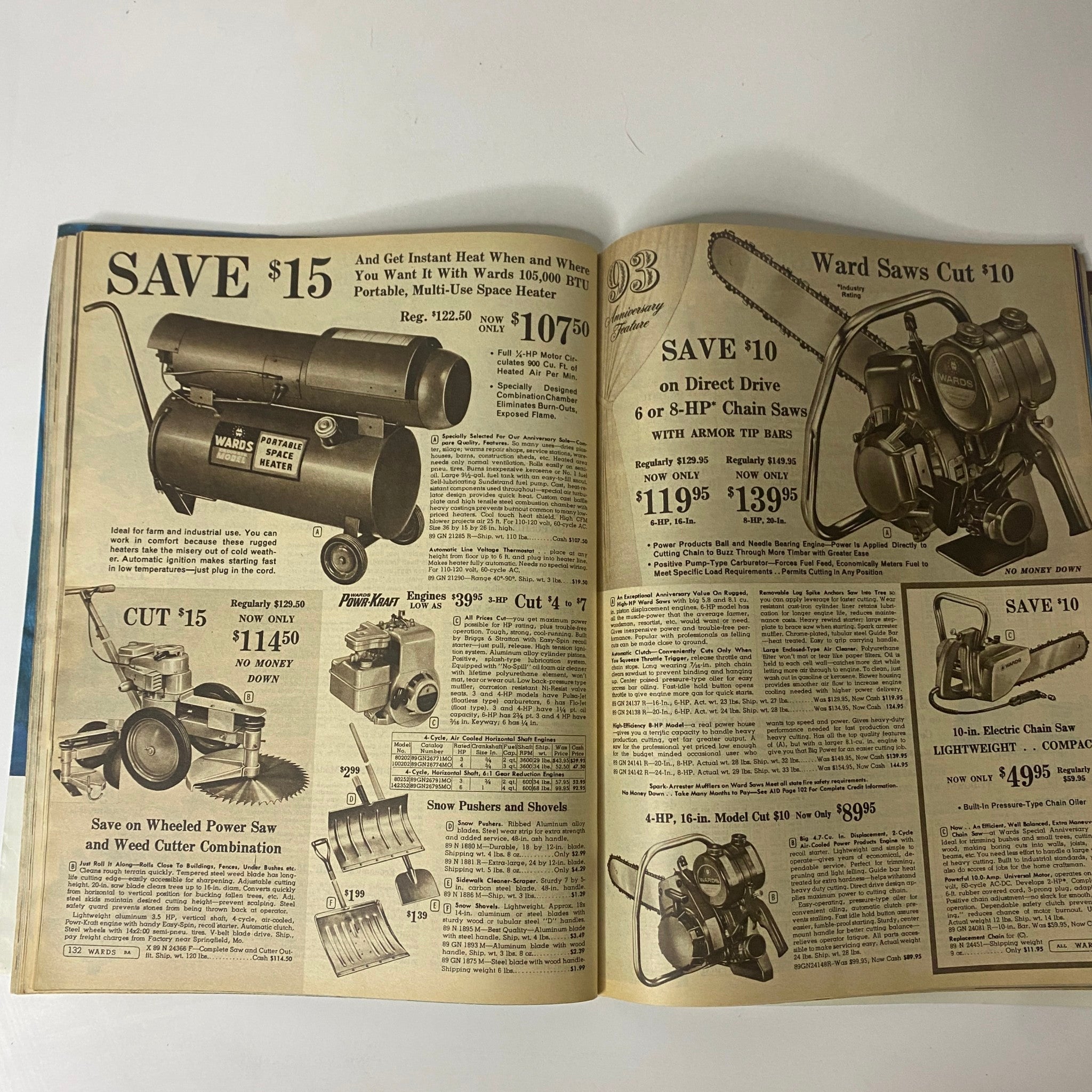 1965 Montgomery Ward 93rd Anniversary Sale Catalog presenting home improvement products, including portable space heaters and chain saws, at discounted prices.