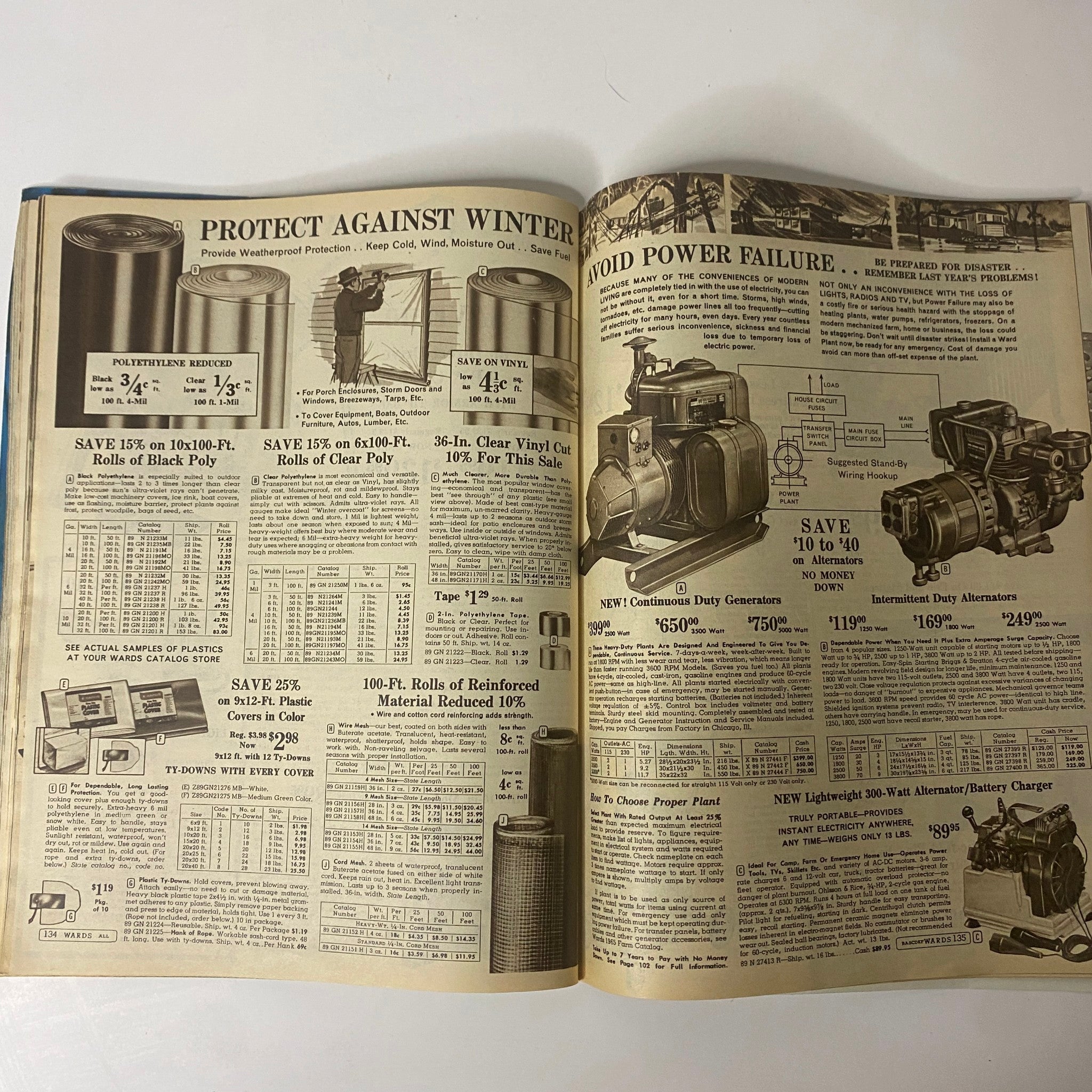 1965 Montgomery Ward 93rd Anniversary Sale Catalog detailing weatherproof materials and generators, promoting savings on home protection products.