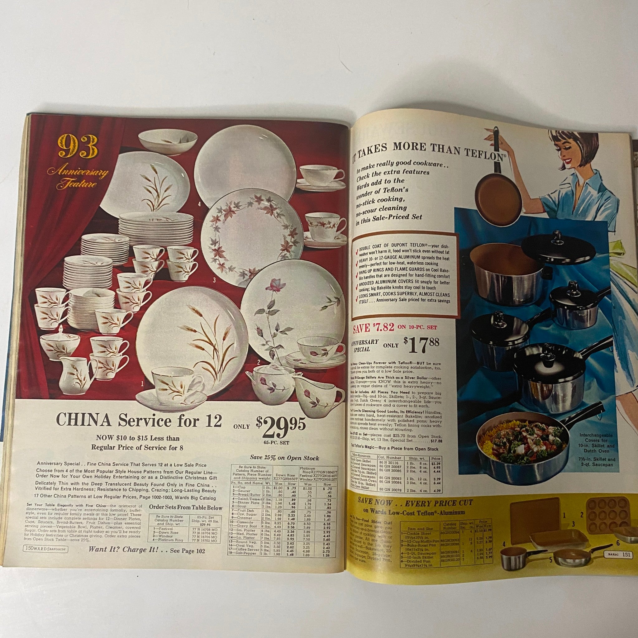1965 Montgomery Ward 93rd Anniversary Sale Catalog featuring china service sets and cookware, emphasizing affordable options for kitchen essentials.