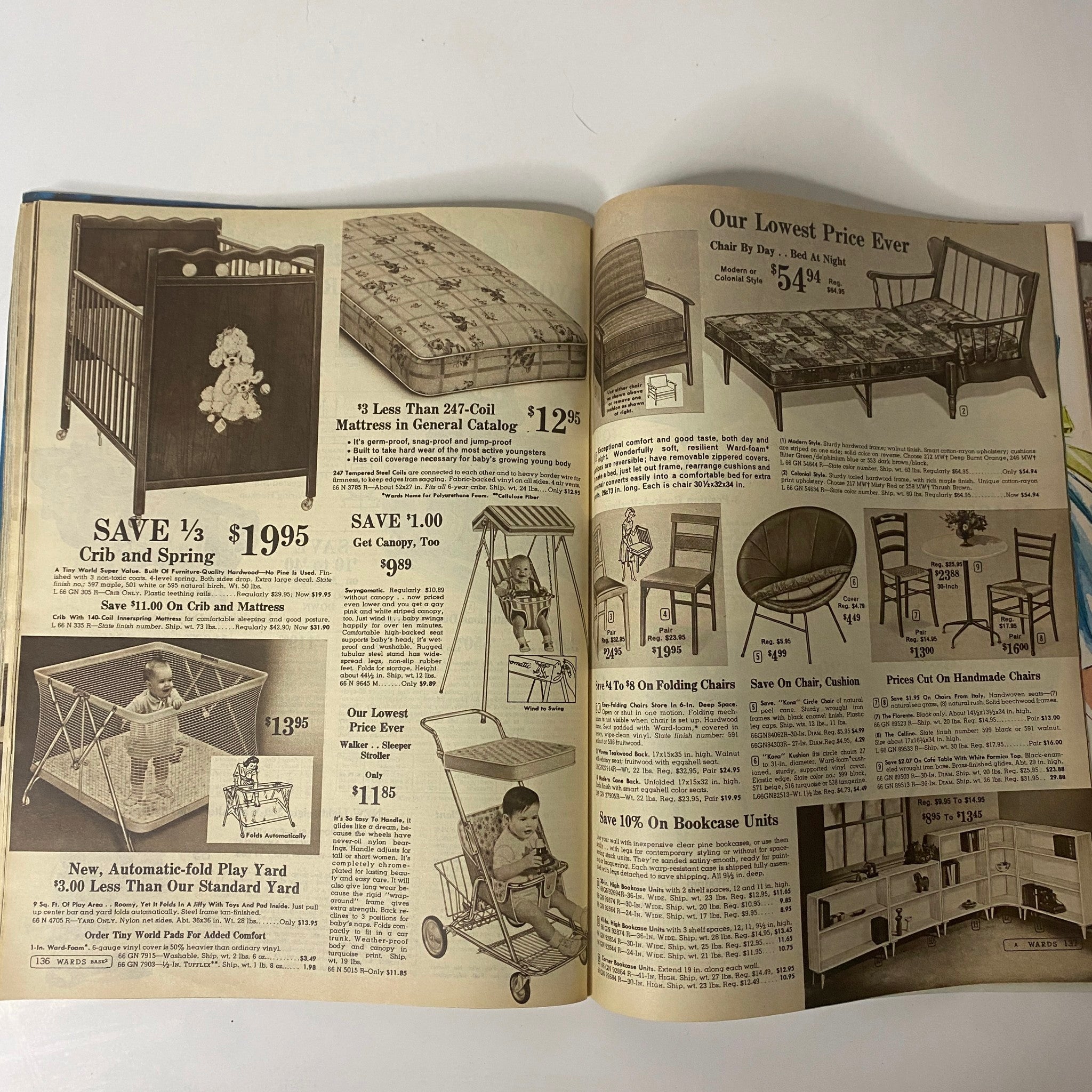 Interior page of the 1965 Montgomery Ward 93rd Anniversary Sale Catalog showcasing baby furniture including crib, mattress, and various children's products.