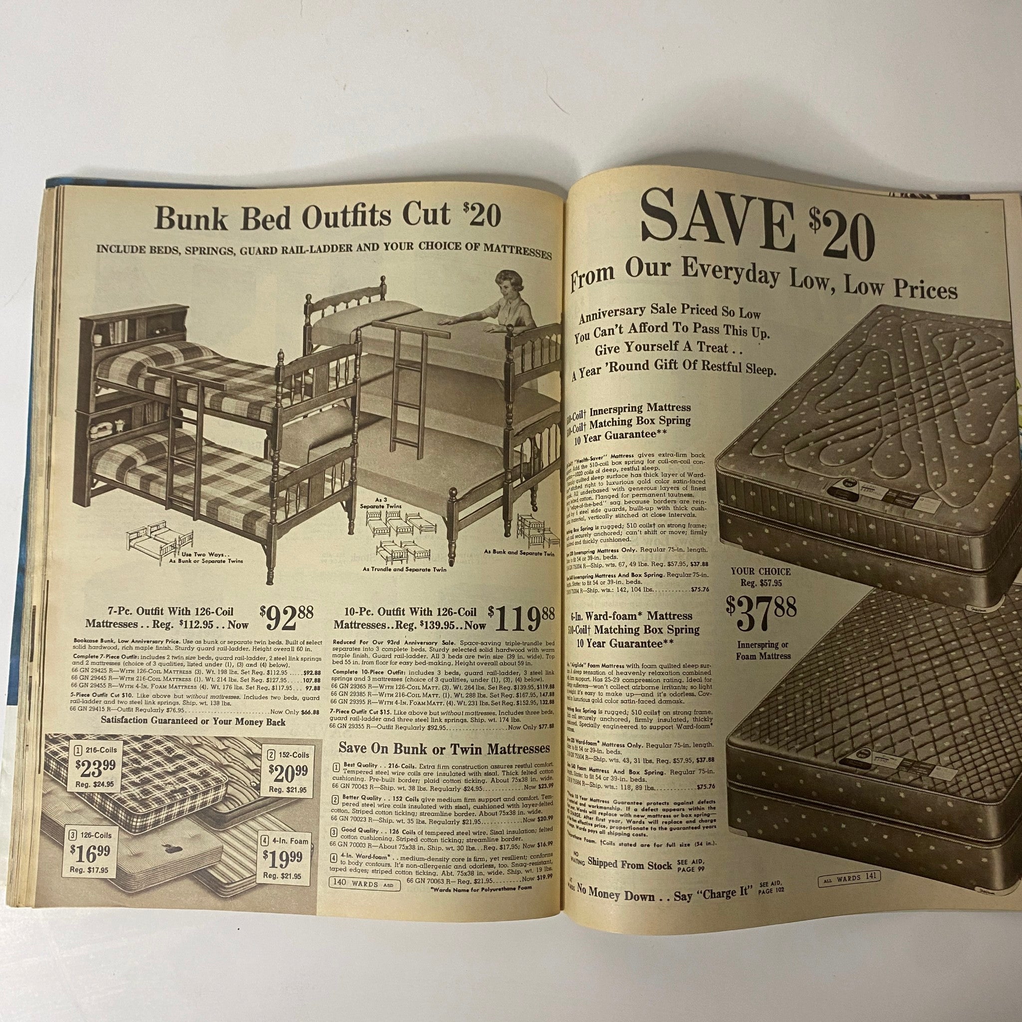 Interior page of the 1965 Montgomery Ward 93rd Anniversary Sale Catalog featuring bunk bed outfits and mattress prices, highlighting savings during the anniversary sale.