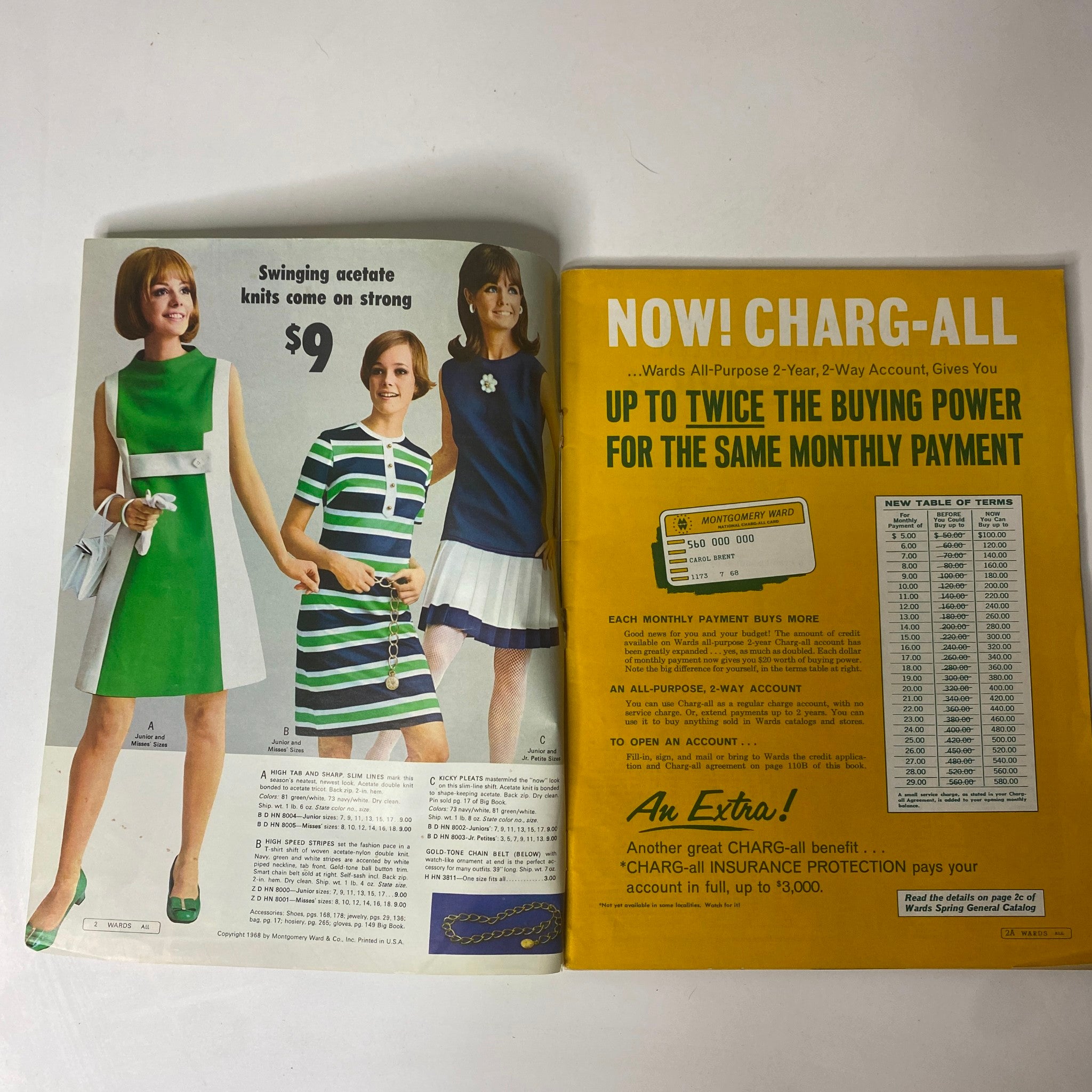 Interior of 1968 Montgomery Ward Spring Sale Catalog highlighting 'Swinging Acetate Knits' with three models in colorful outfits, emphasizing vintage clothing styles.
