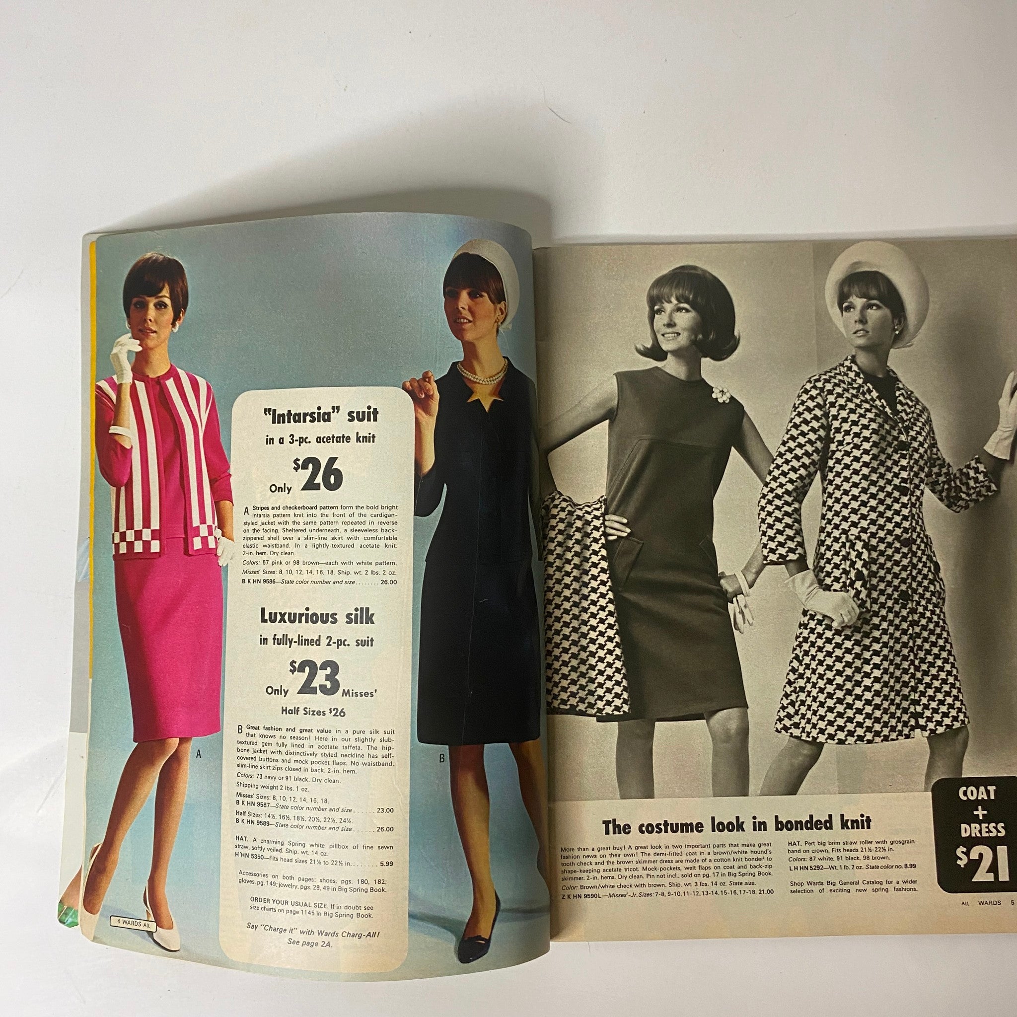 Page from the 1968 Montgomery Ward Spring Sale Catalog displaying an 'Intarsia' suit and luxurious silk outfits on stylish models, illustrating 1960s fashion aesthetics.