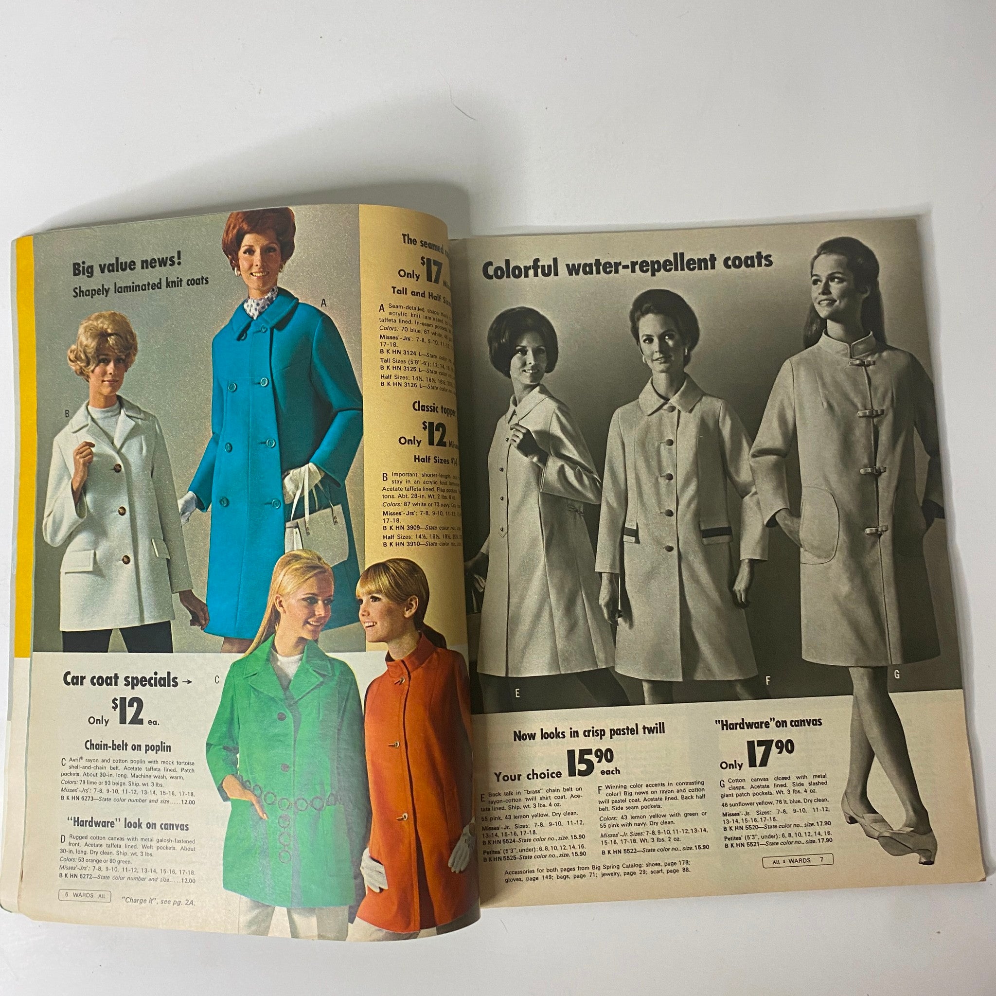 1968 Montgomery Ward Spring Sale Catalog featuring stylish women's coats in vibrant colors, including a blue knit coat and white laminated options, showcasing 1960s fashion trends.