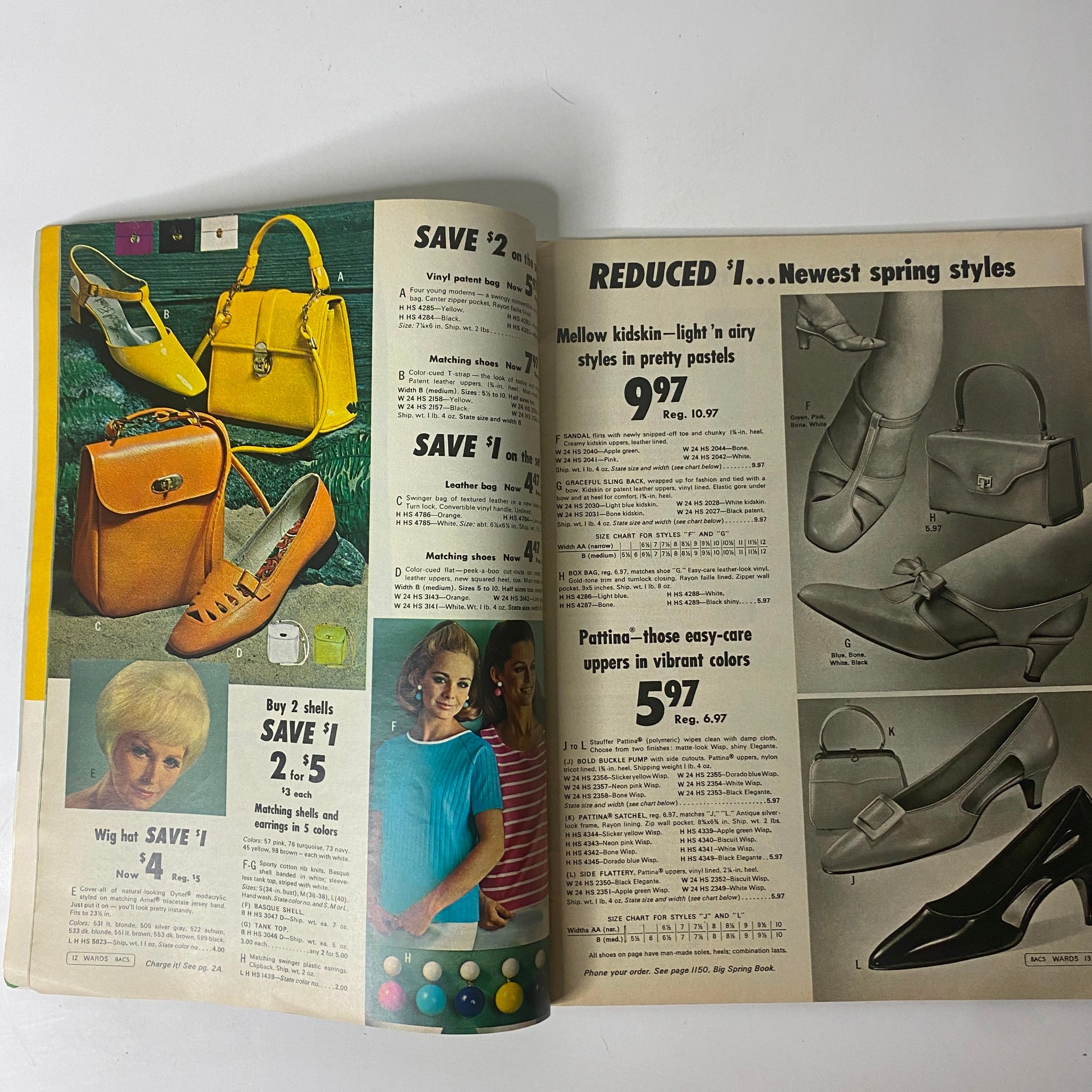 1968 Montgomery Ward Spring Sale Catalog page displaying trendy footwear and accessories, including colorful handbags and shoes, reflecting the latest fashion styles of the era.