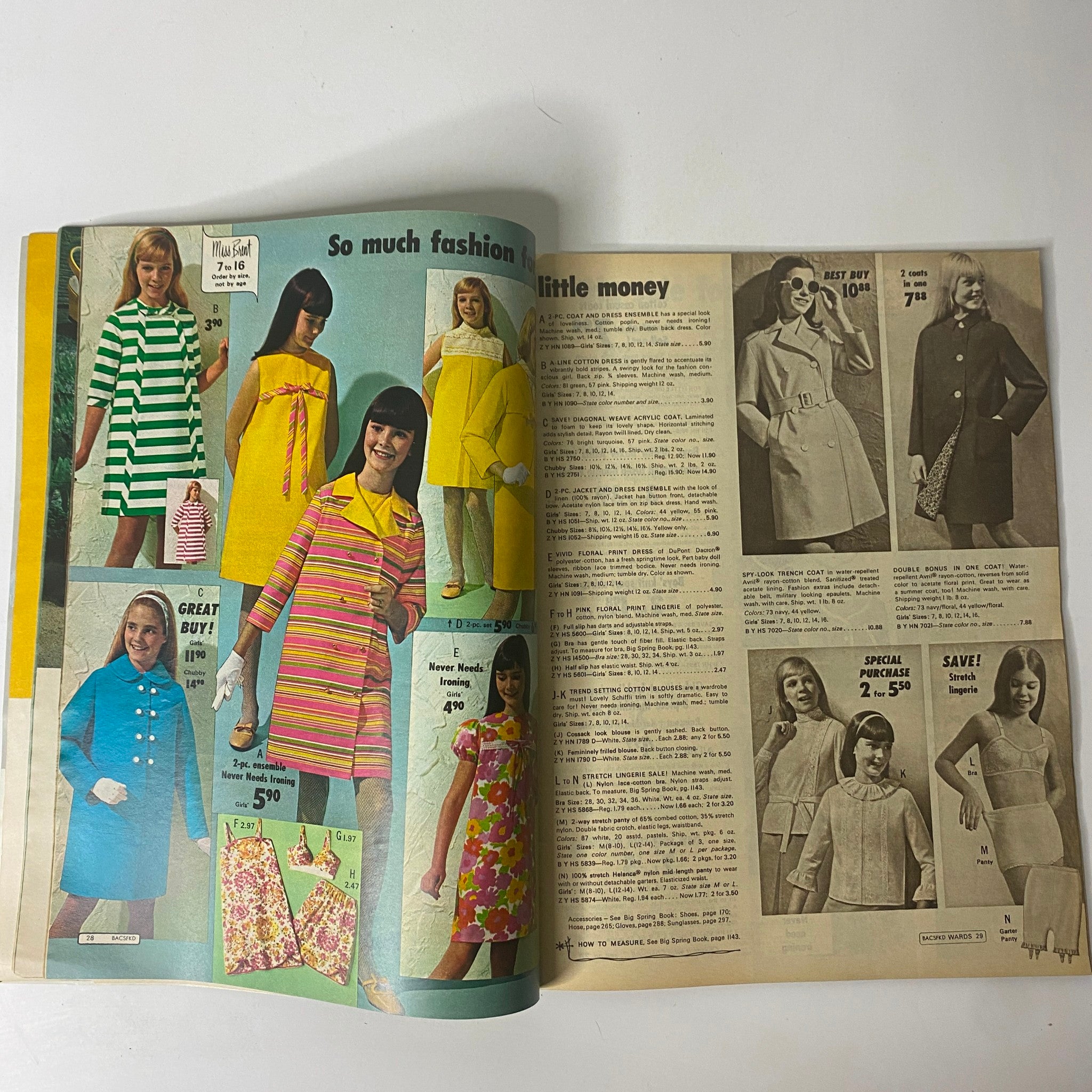 1968 Montgomery Ward Spring Sale Catalog showcasing fashionable women's dresses, with models wearing bold patterns and bright colors, epitomizing the playful spirit of 1960s fashion.