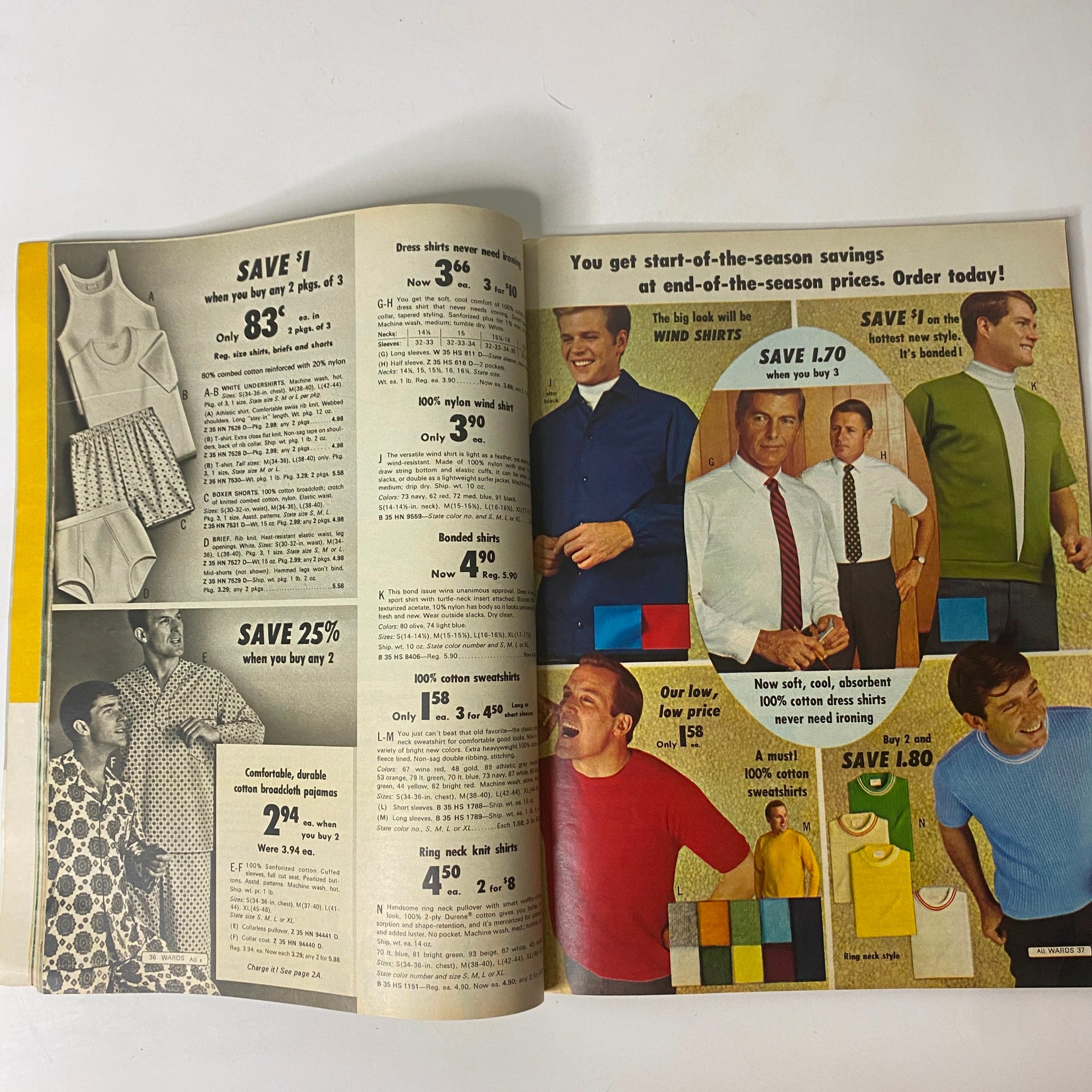 1968 Montgomery Ward Spring Sale Catalog interior featuring a range of men's dress shirts and casual wear, highlighting retro styles and affordable pricing for the modern man.