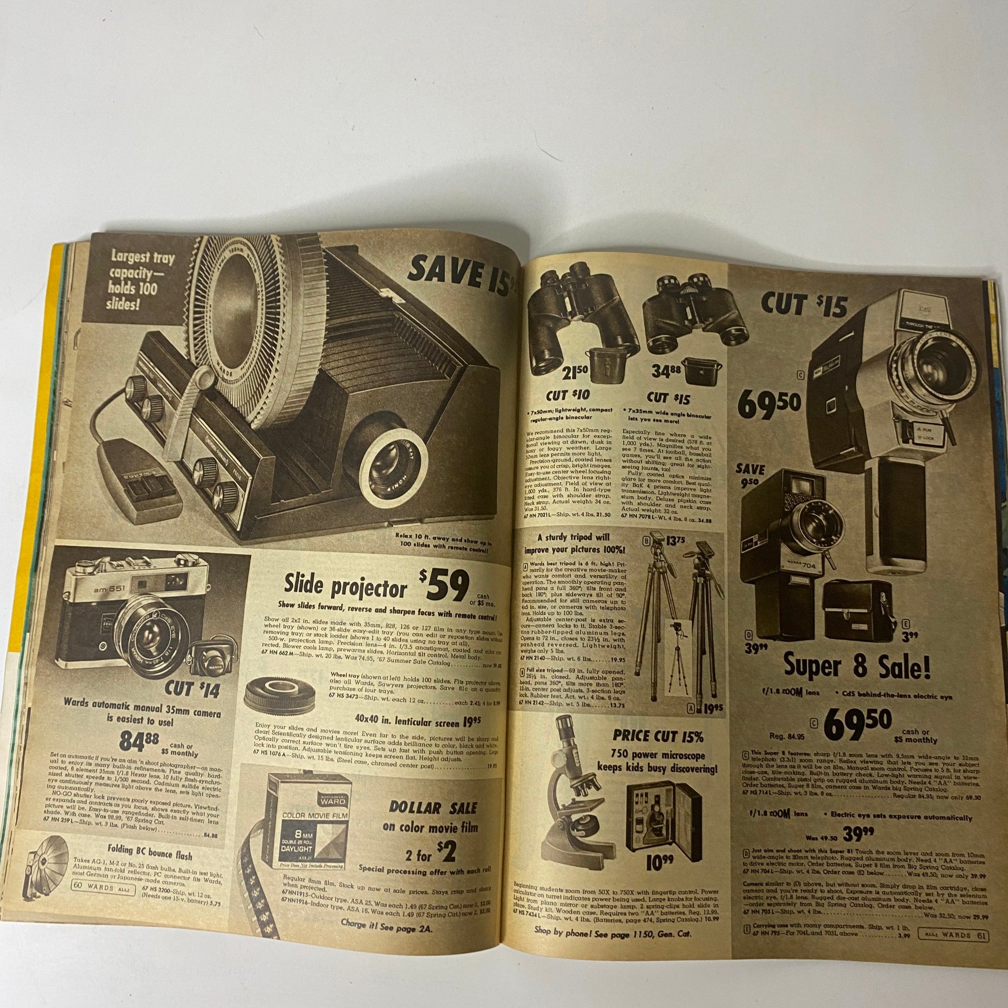 1968 Montgomery Ward Spring Sale Catalog showcasing various cameras and photography accessories, including slide projectors and cameras, targeting photography enthusiasts of the 1960s.