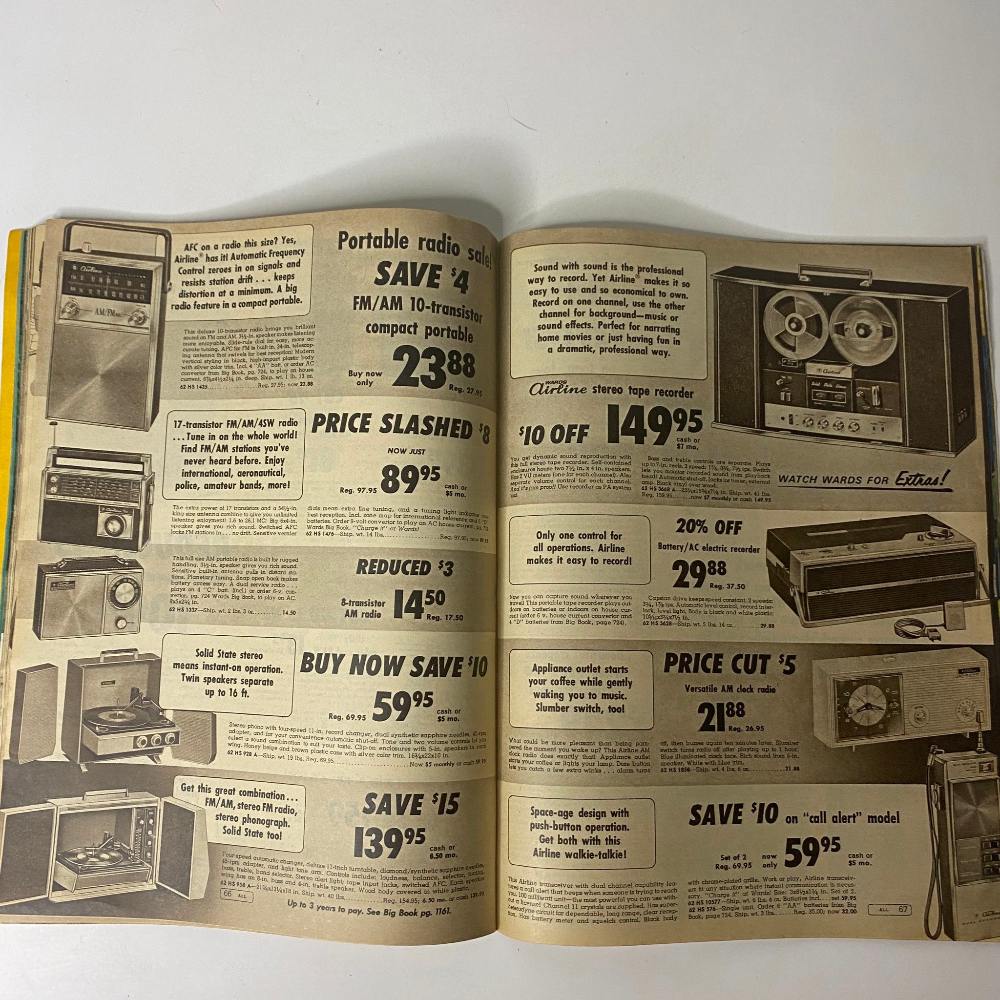 1968 Montgomery Ward Spring Sale Catalog page featuring portable radios with prices and features listed.