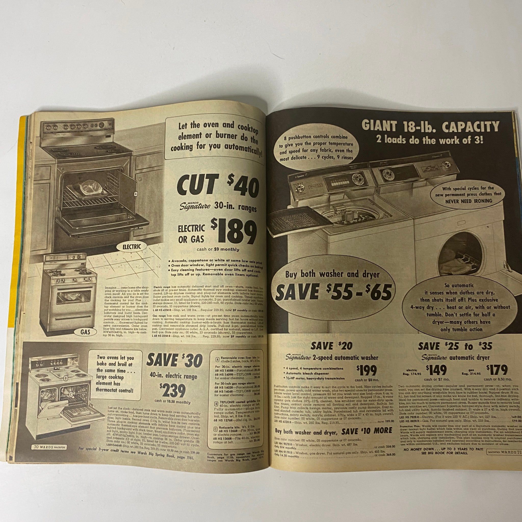 1968 Montgomery Ward Spring Sale Catalog page showcasing electric and gas ranges with promotional prices.