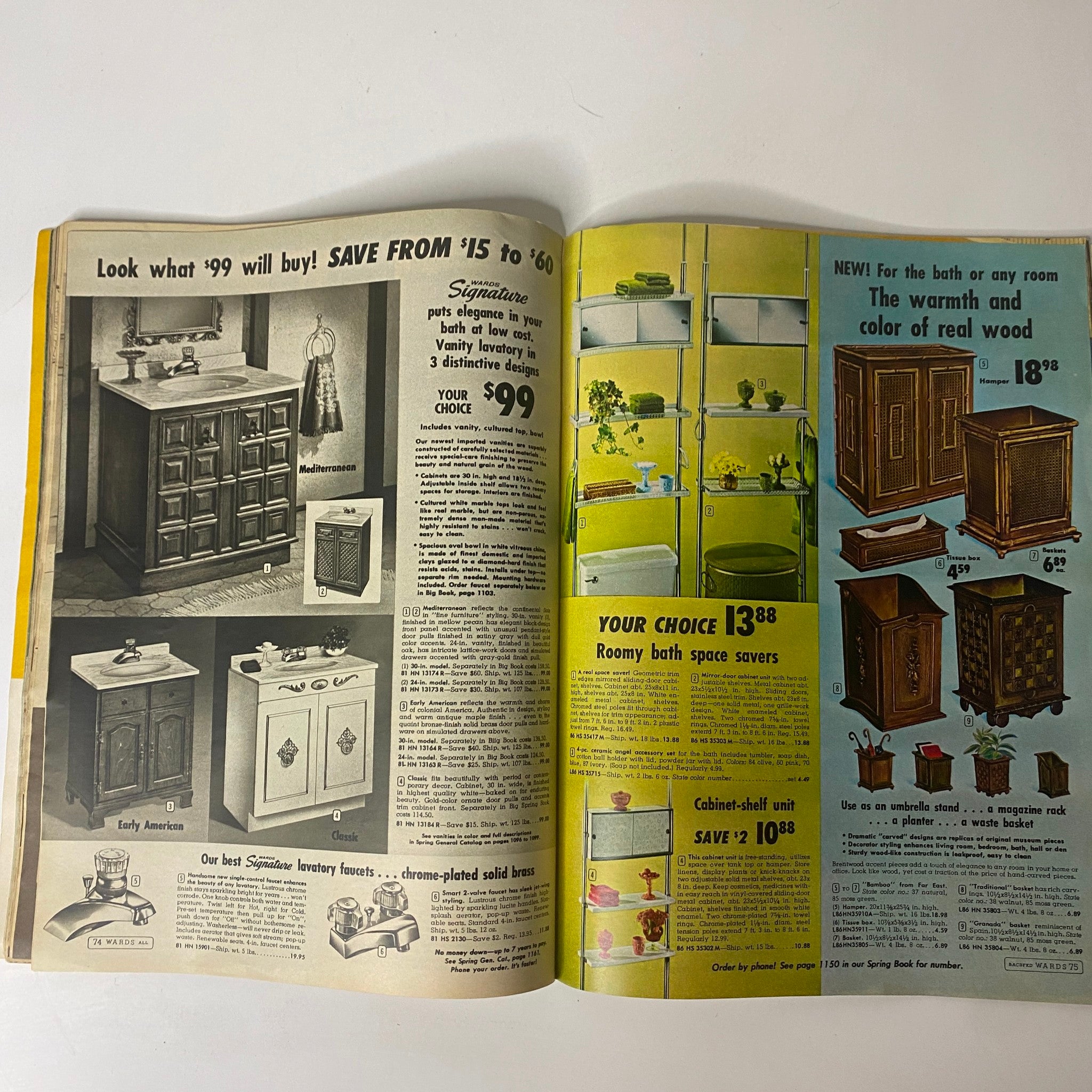 1968 Montgomery Ward Spring Sale Catalog page displaying vanity lavatories and bath space savers with prices.