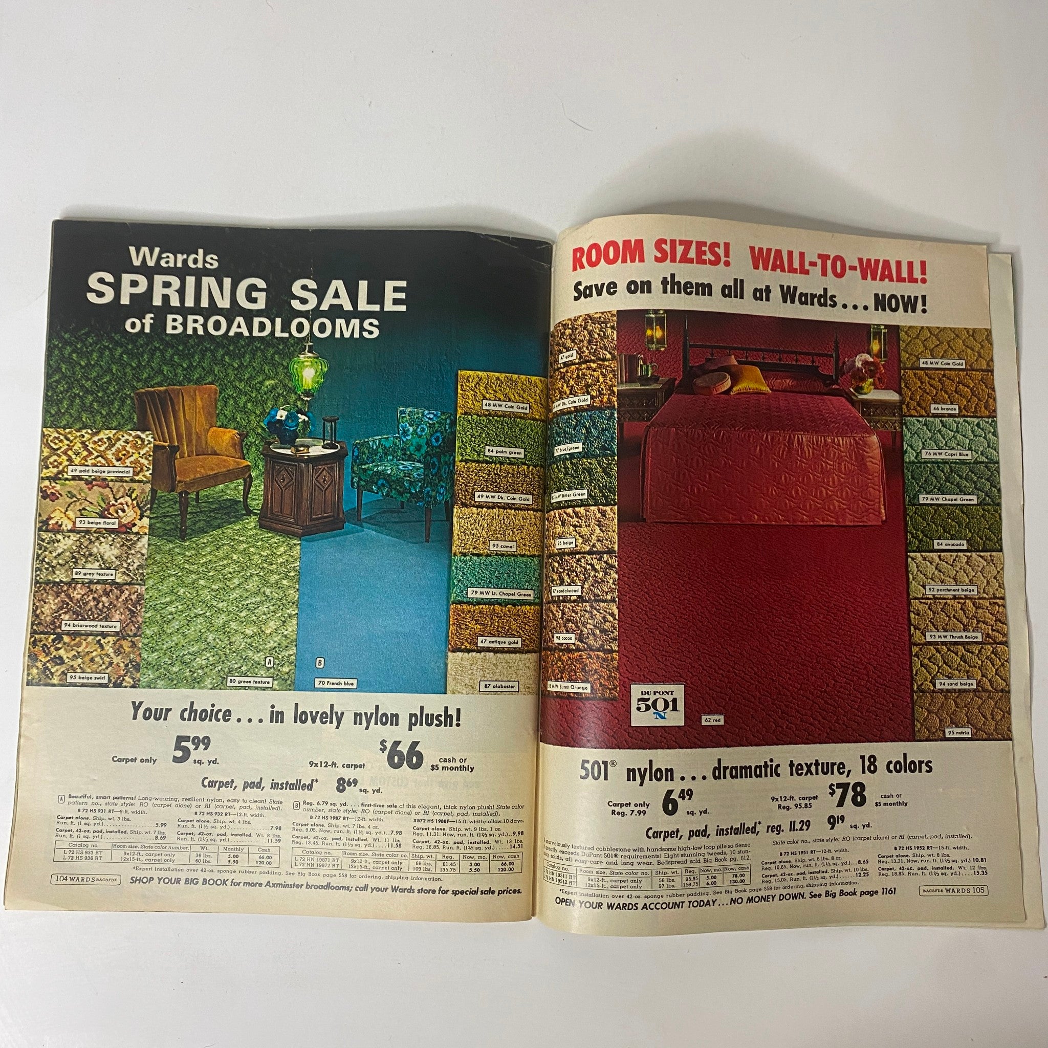 1968 Montgomery Ward Spring Sale Catalog page highlighting broadloom carpets with various color options and prices.