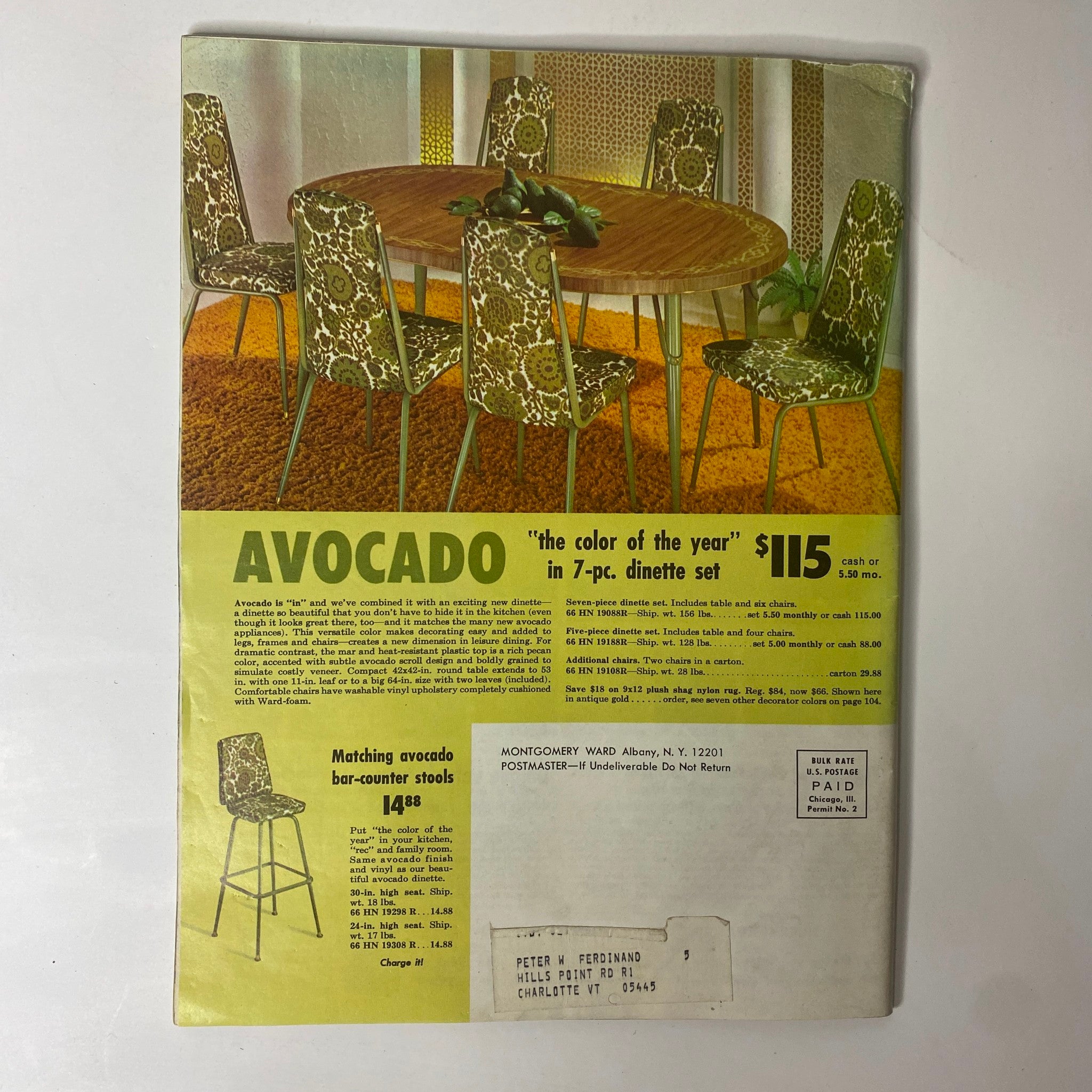 Cover image of the 1968 Montgomery Ward Spring Sale Catalog showcasing a 7-piece avocado-themed dinette set priced at $115, highlighting retro design elements and vibrant colors typical of the late 1960s.