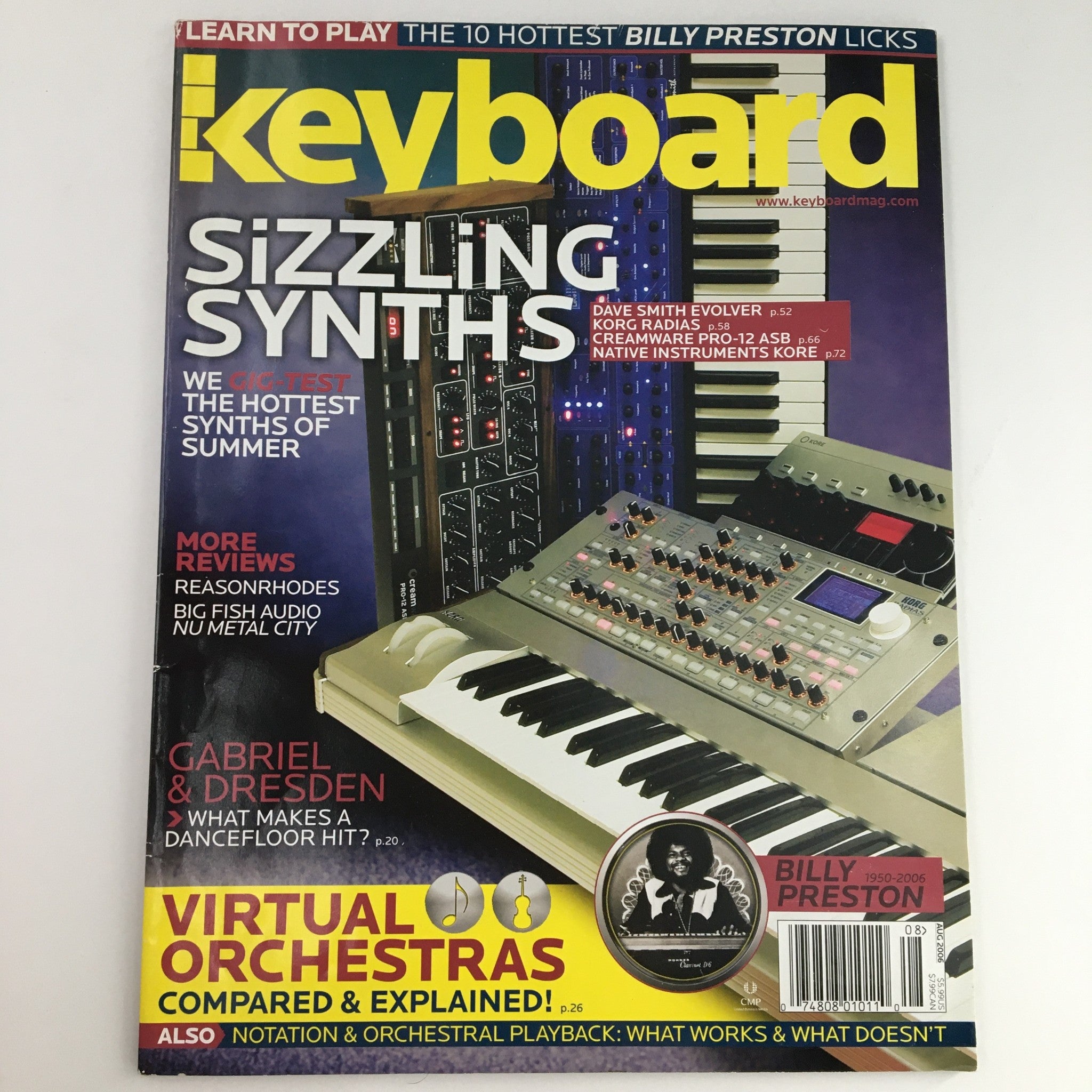 Cover of Keyboard Magazine August 2006 featuring a tribute to Billy Preston, with highlights on Gabriel & Dresden and articles about the latest synthesizers.
